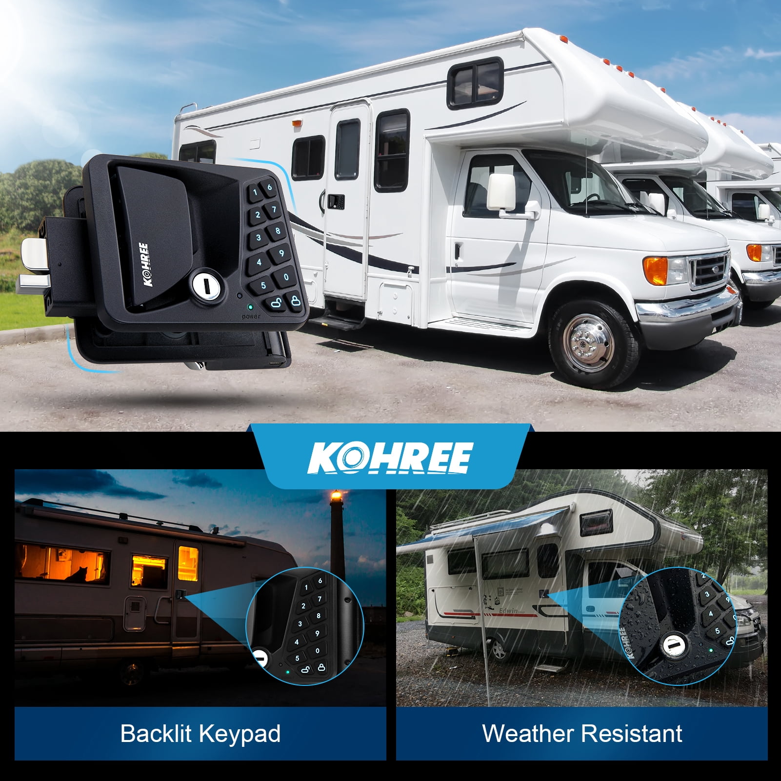 Kohree RV Door Lock Keyless Entry System with Remote and Keypad (Black, 3.75 in x 2.75 in x 1.5 in) f23bj