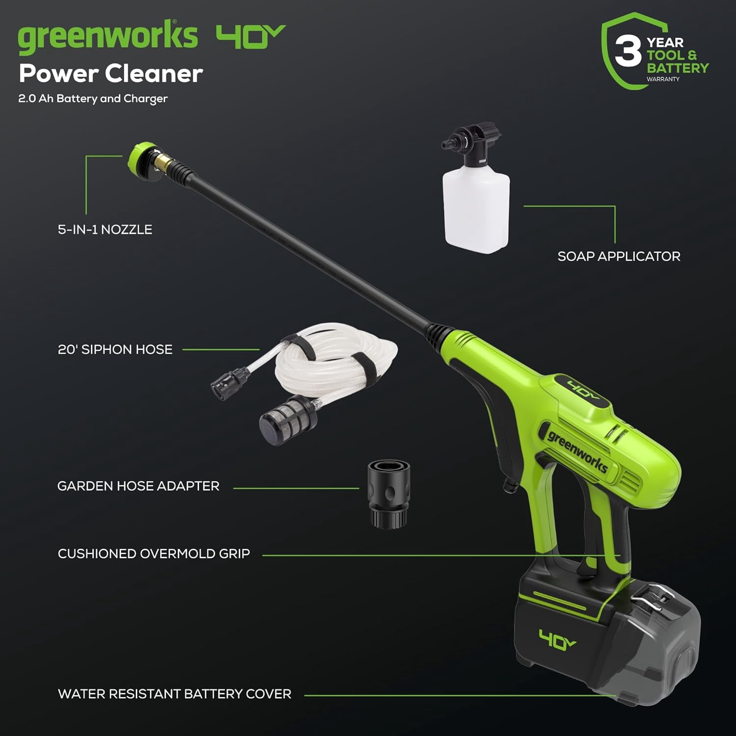 Greenworks 40V Cordless Power Cleaner with 2Ah USB Battery and Charger (600 PSI, 0.8 GPM) djxk6
