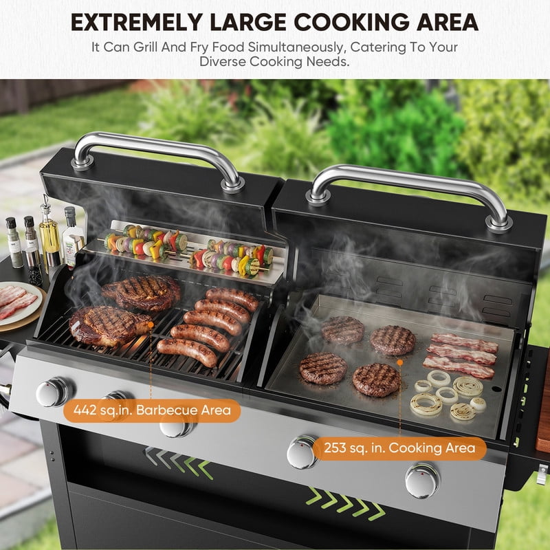 Patiobula 5-Burner Propane Gas Grill and Griddle Combo with Dual Stainless Steel Lids (Black, 64 in W) 1wq56