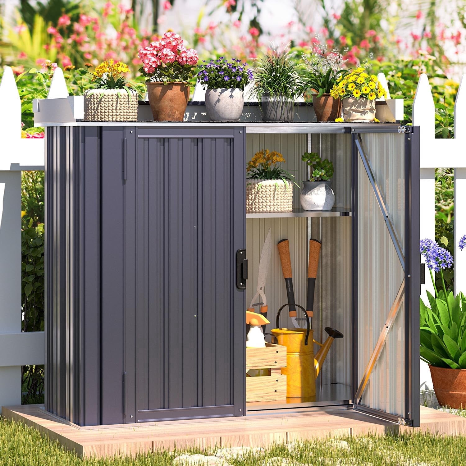 YODOLLA Metal Outdoor Storage Cabinet and Potting Bench with Adjustable Shelves (Gray, 48 in x 20 in x 36 in) 1v6lj