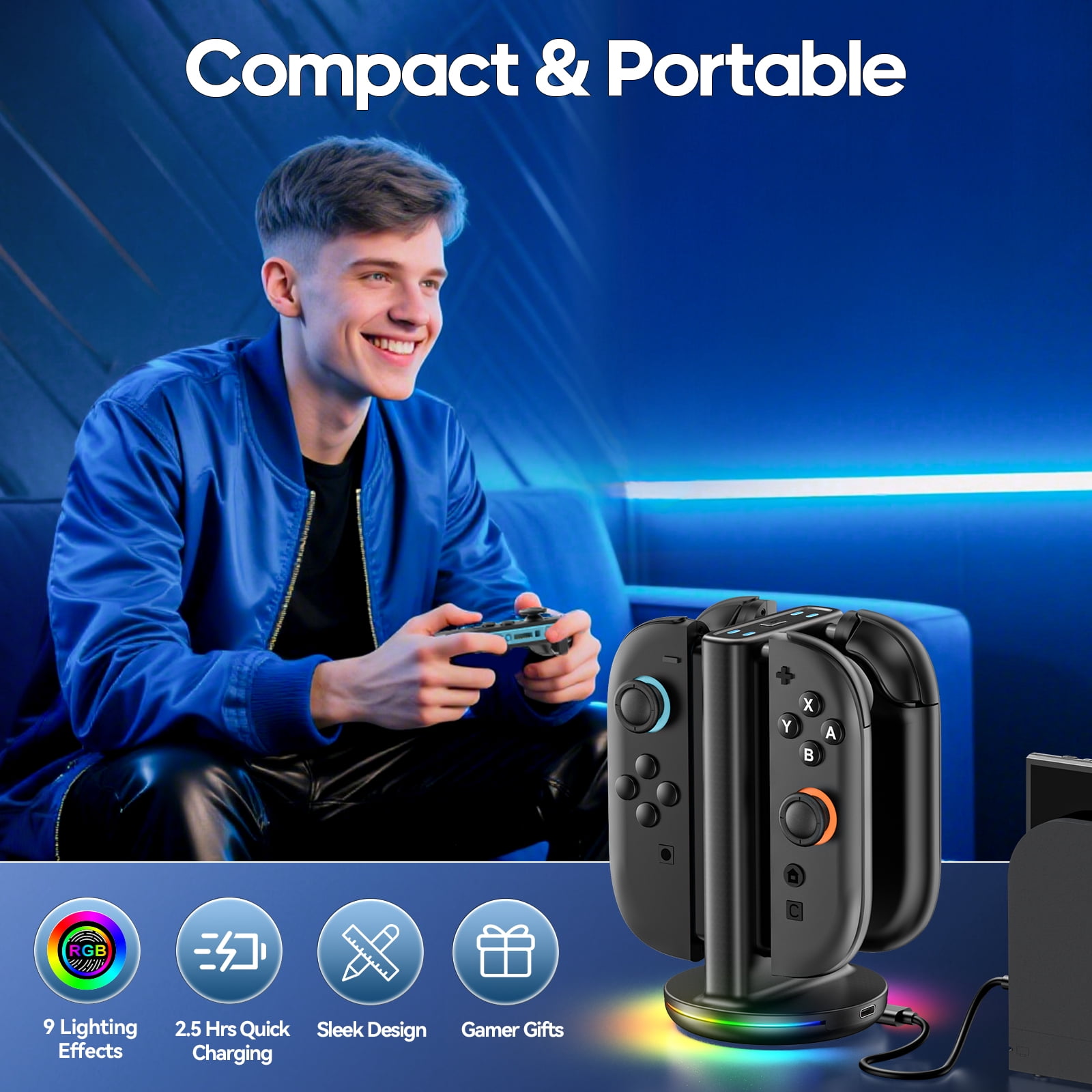 Kytok Switch 2 Joy-Con Charging Dock Station with Magnetic Bi-Directional Design and 9 RGB Lighting Modes (4-in-1) 0094x
