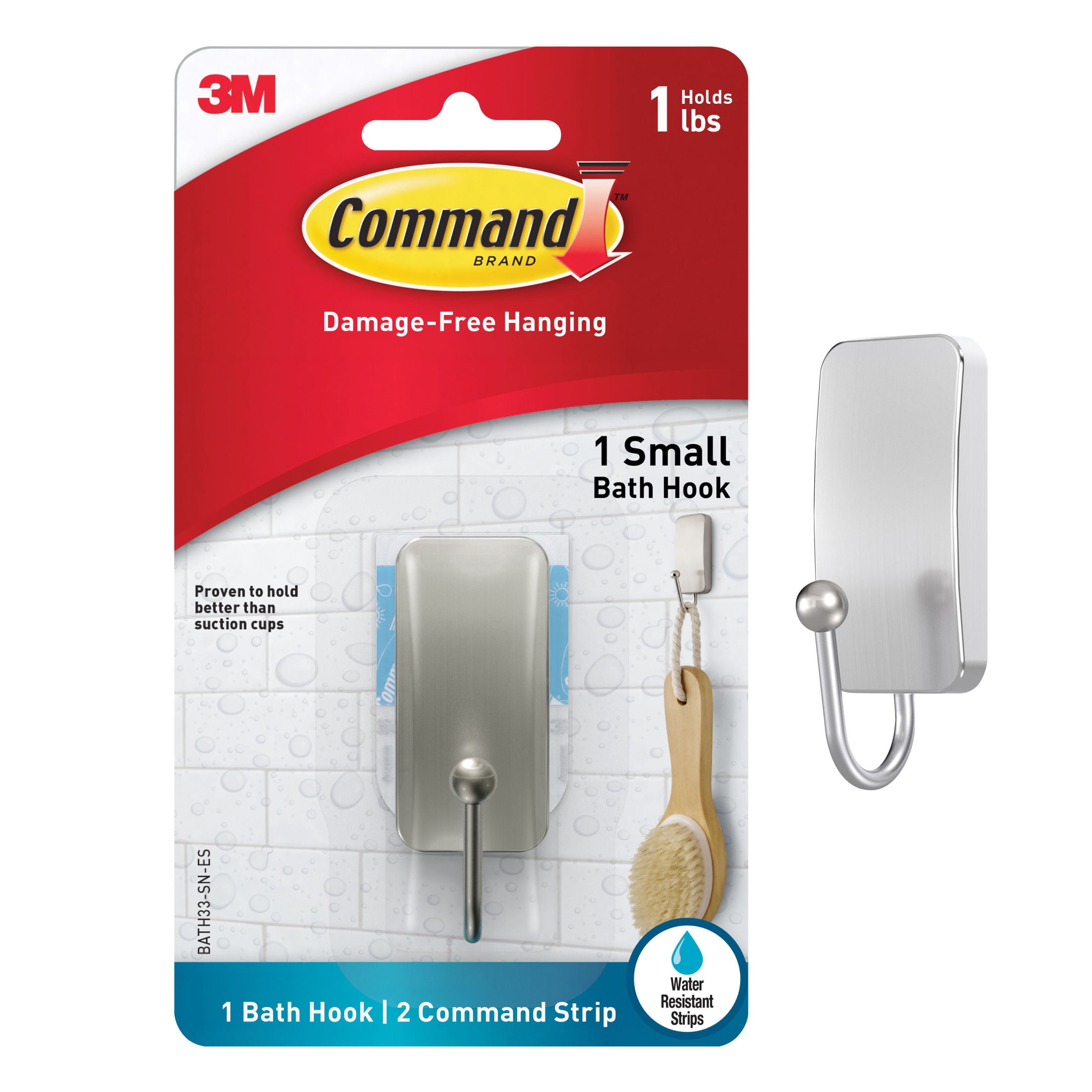 Command Bath Hook, Water-Resistant Adhesive Wall Hook for Bathroom Organization (Satin Nickel, 1 Hook) ftwxh