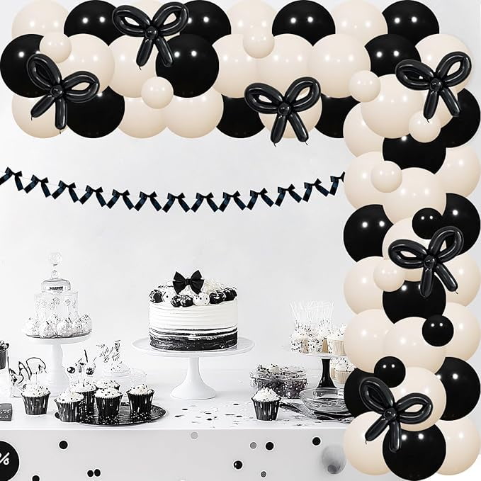 Generic Black Bow Birthday Party Decoration Set with Backdrop and Balloon Arch Kit (Black, 1 Set) bgcnd