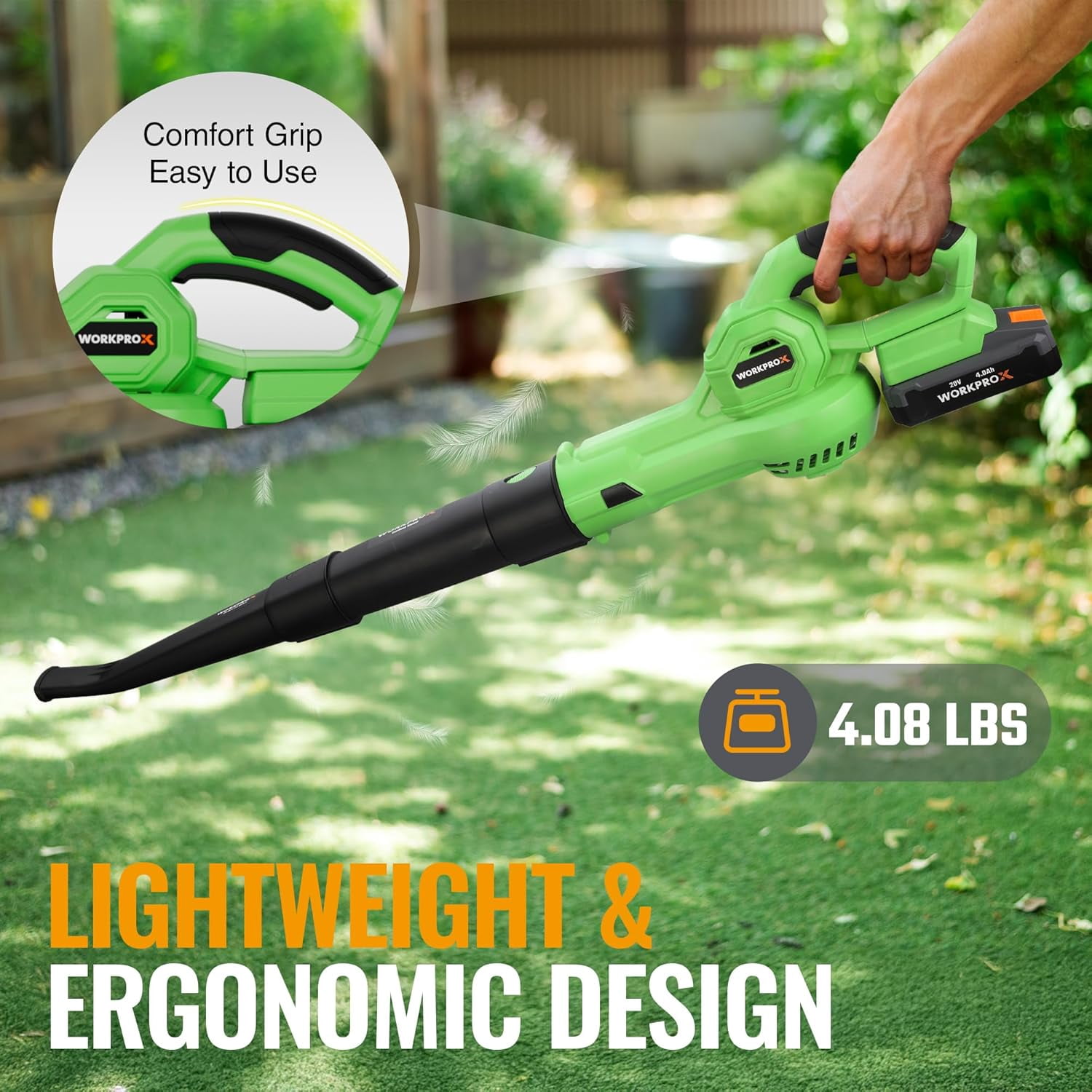 WORKPROX Cordless Leaf Blower, 20V Electric Power Sweeper with 4.0Ah Battery & LED Display, 138 MPH High-Speed Airflow for Lawn, Patio, and Garden (4.08 lb) 3pb6j - Image 2