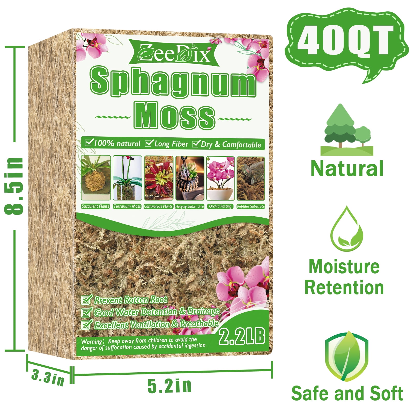 ZeeDix Premium Long-Fibered Sphagnum Moss for Orchids and Carnivorous Plants (Natural, 2.2 lb) 10omh
