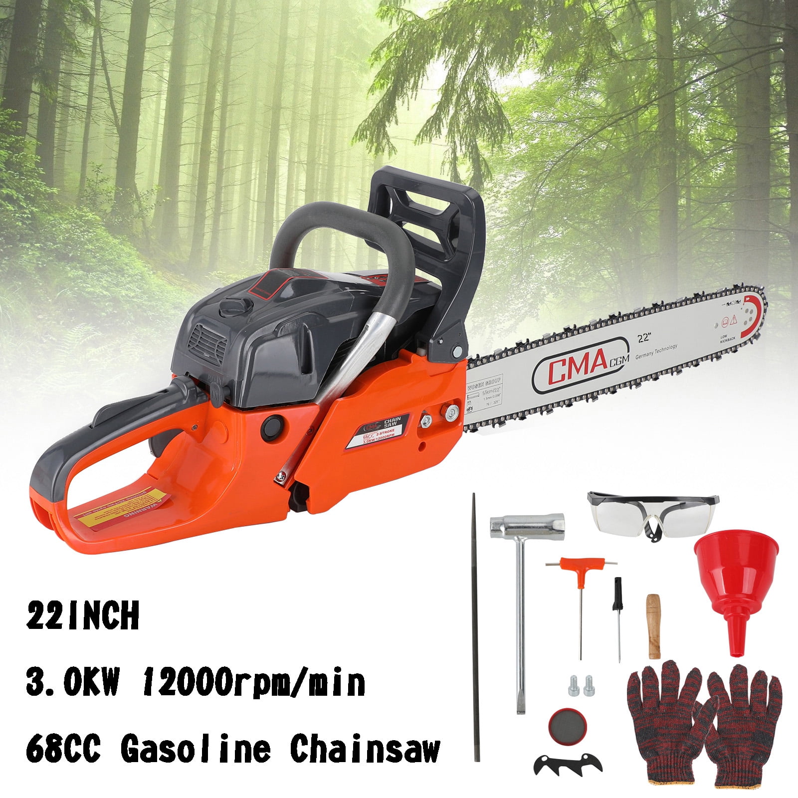 Topteng 68CC Gasoline Powered Chainsaw, Heavy-Duty Wood Cutting Tool with Automatic Chain Oiler (Orange, 22 in) hvlhg