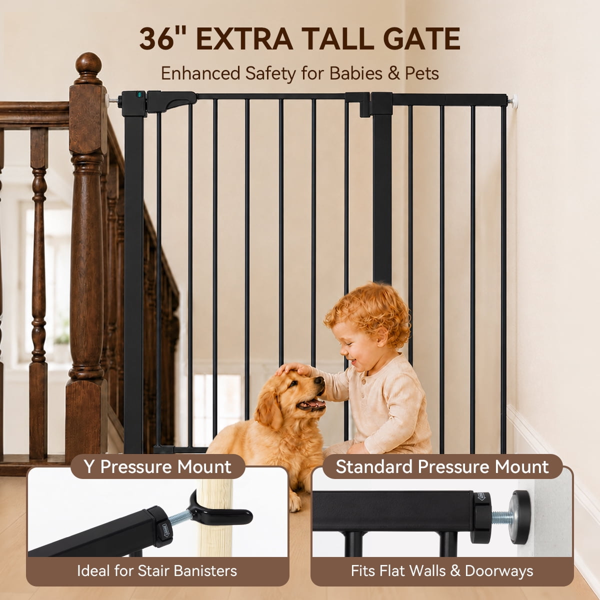 Caveen Baby Safety Gate for Stairs and Doorways, Extra Tall Pressure-Mounted Pet Barrier (Black, 36 in Tall, 29.5-43.3 in Wide) upmn5