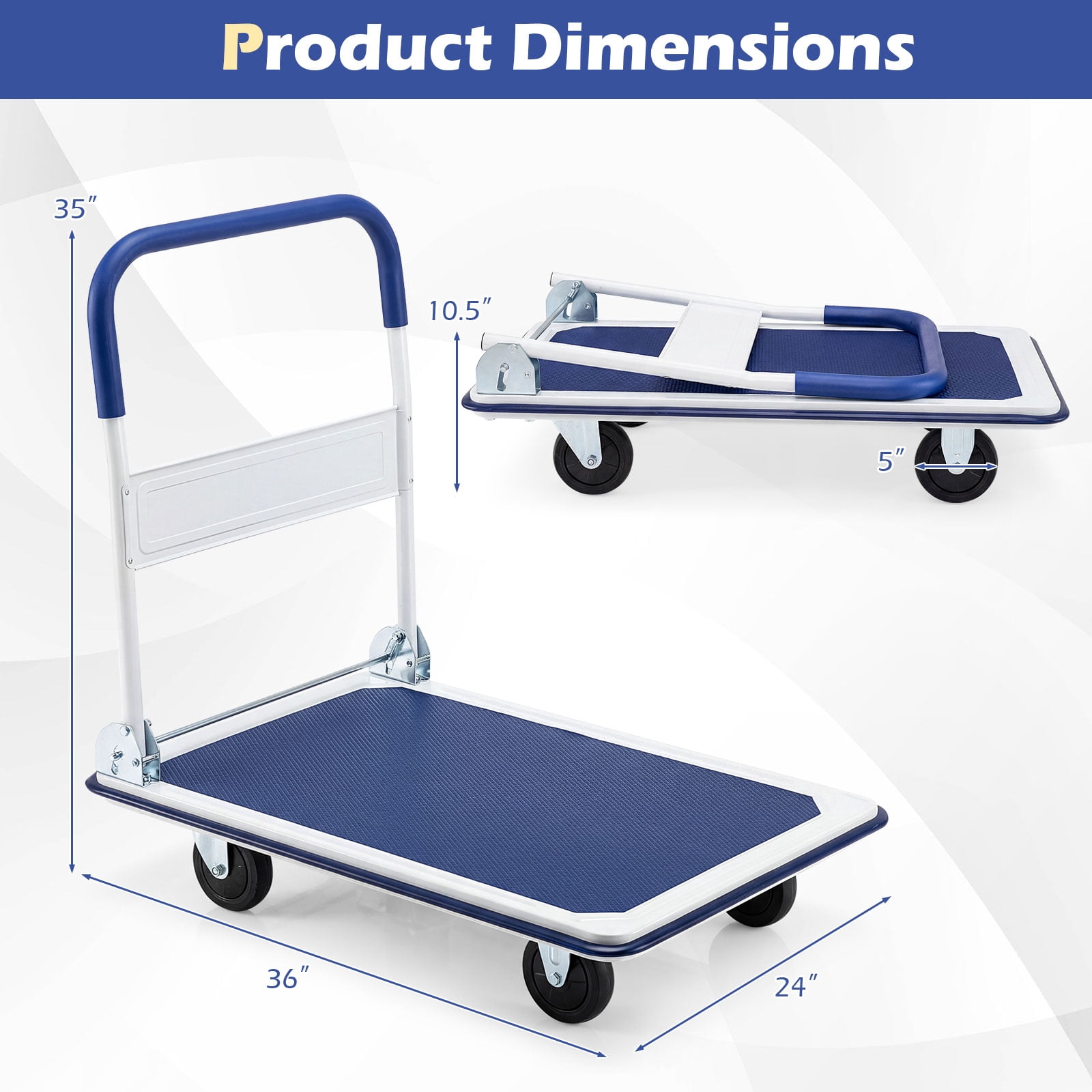 Costway Heavy-Duty Platform Cart Dolly with Folding Handle (Blue, 660 lb) 7f1bs