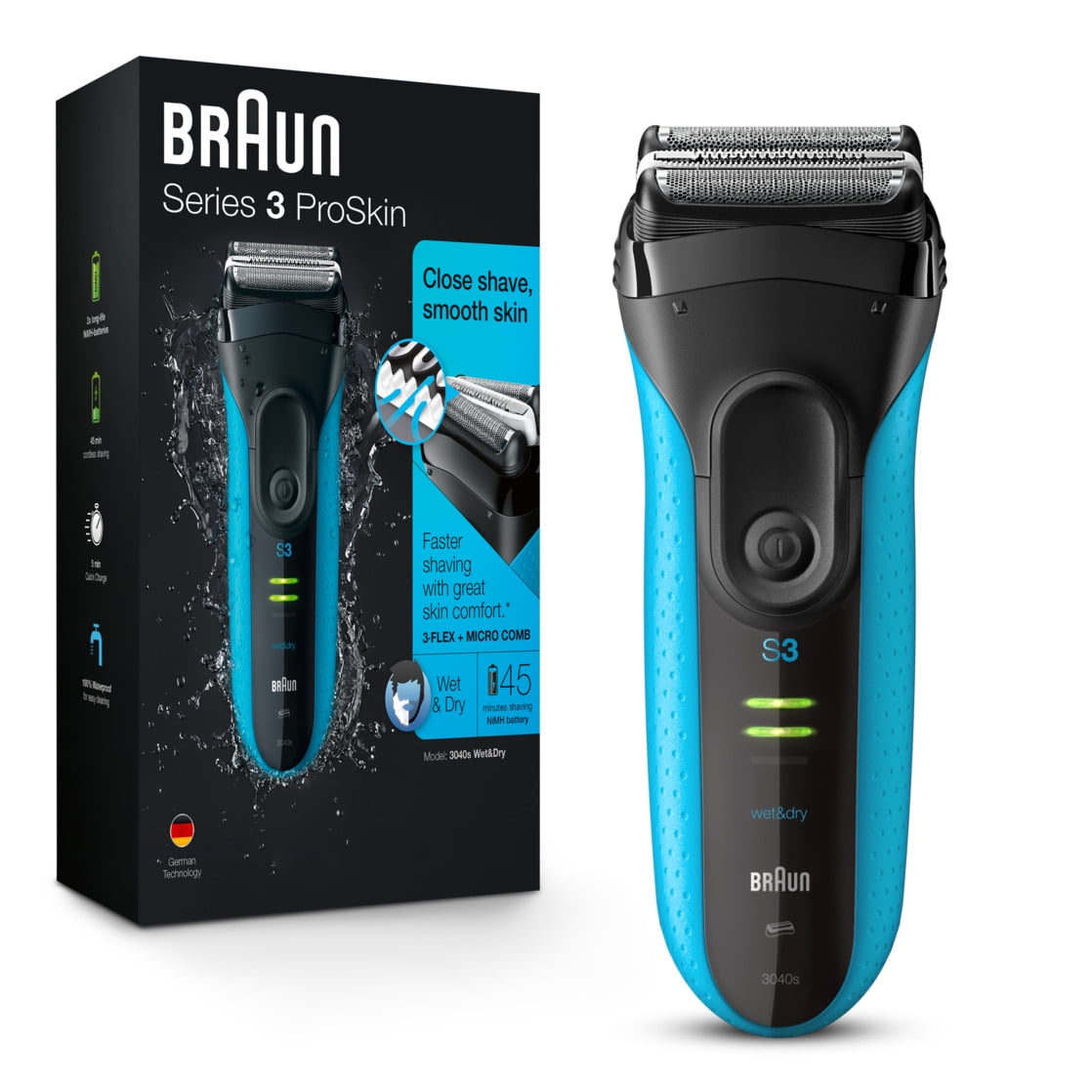 Braun Series 3 ProSkin 3040s Electric Shaver, Wet & Dry Grooming Kit with Precision Trimmer (Blue) qalb6