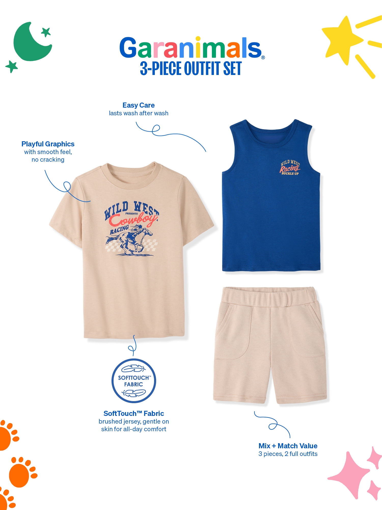 Garanimals Baby & Toddler Boy 3-Piece Outfit Set, Graphic T-Shirt, Tank Top & Pull-On Shorts (Blue, 0-6T) grfbq