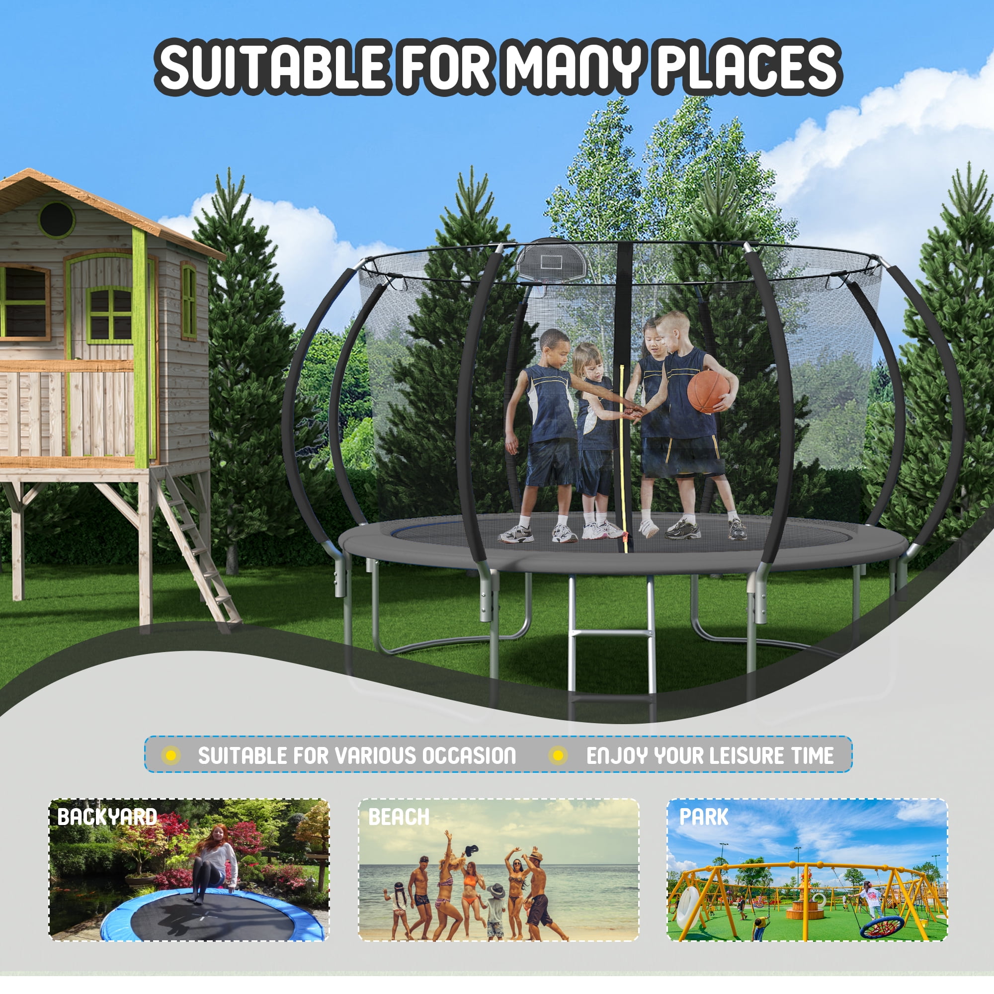 Shengchao Trade 12ft Recreational Trampoline with Safety Enclosure, Basketball Hoop, and Ladder (Black, 1000 lb) ojoir
