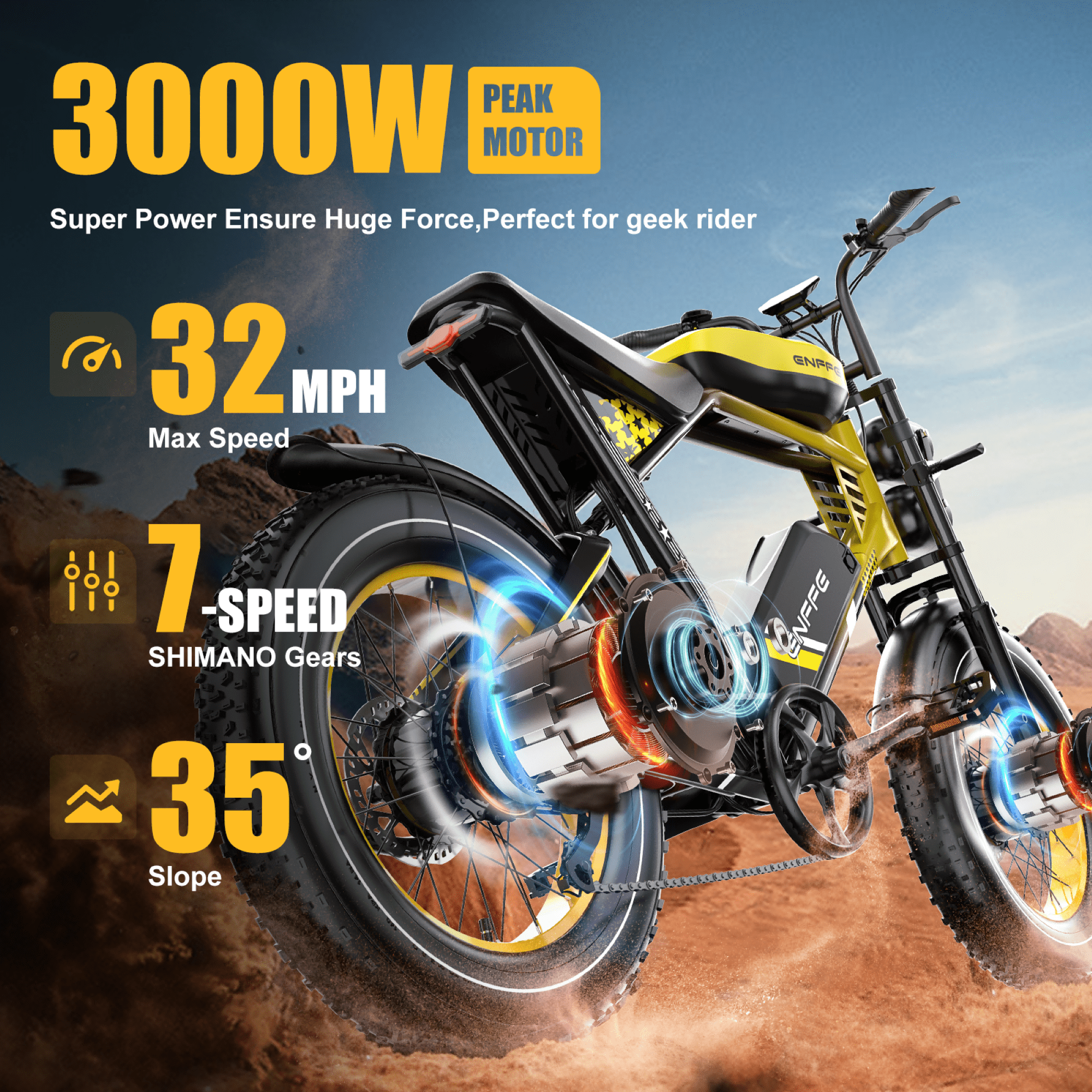 ENFFE 2D Ultra Electric Bike for Adults, 3000W High-Power Off-Road E-Bike, 48V 45Ah Battery, 200-Mile Range, 20 in x 4.0 in Fat Tires (Yellow) kx95b