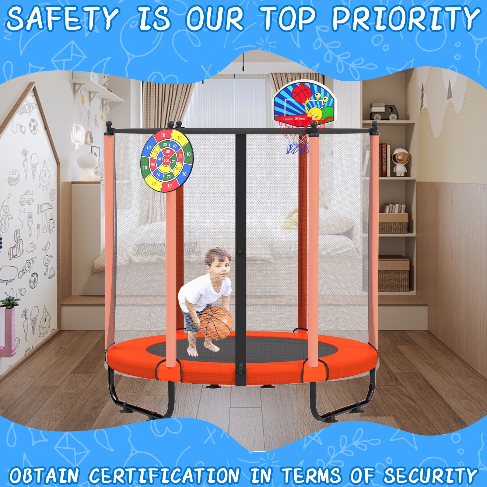 ACWARM HOME 60 in Toddler Trampoline with Safety Net and Basketball Hoop (Orange, 5 ft) p407q