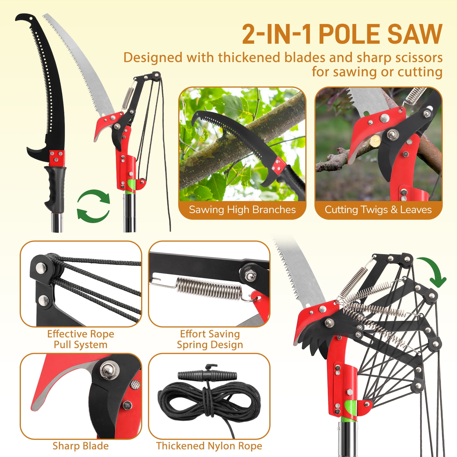 Ktaxon 24FT Manual Pole Saw, Heavy-Duty Tree Trimmer with Steel Blade for Yard and Garden (Yellow, 24 ft) 6mf2m