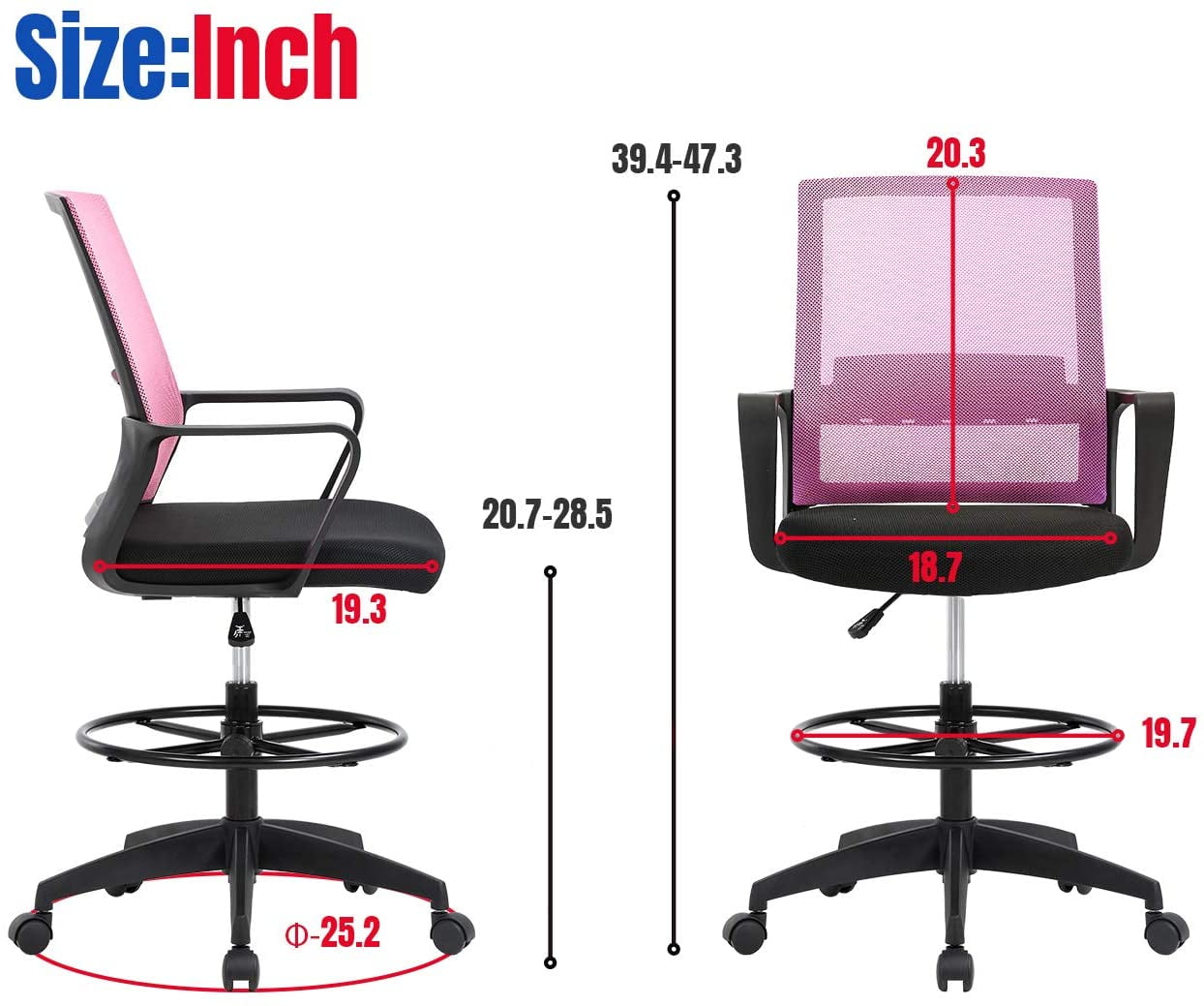 BestOffice Ergonomic Drafting Chair with Lumbar Support and Adjustable Arms (Pink, Mid Back) b32q5