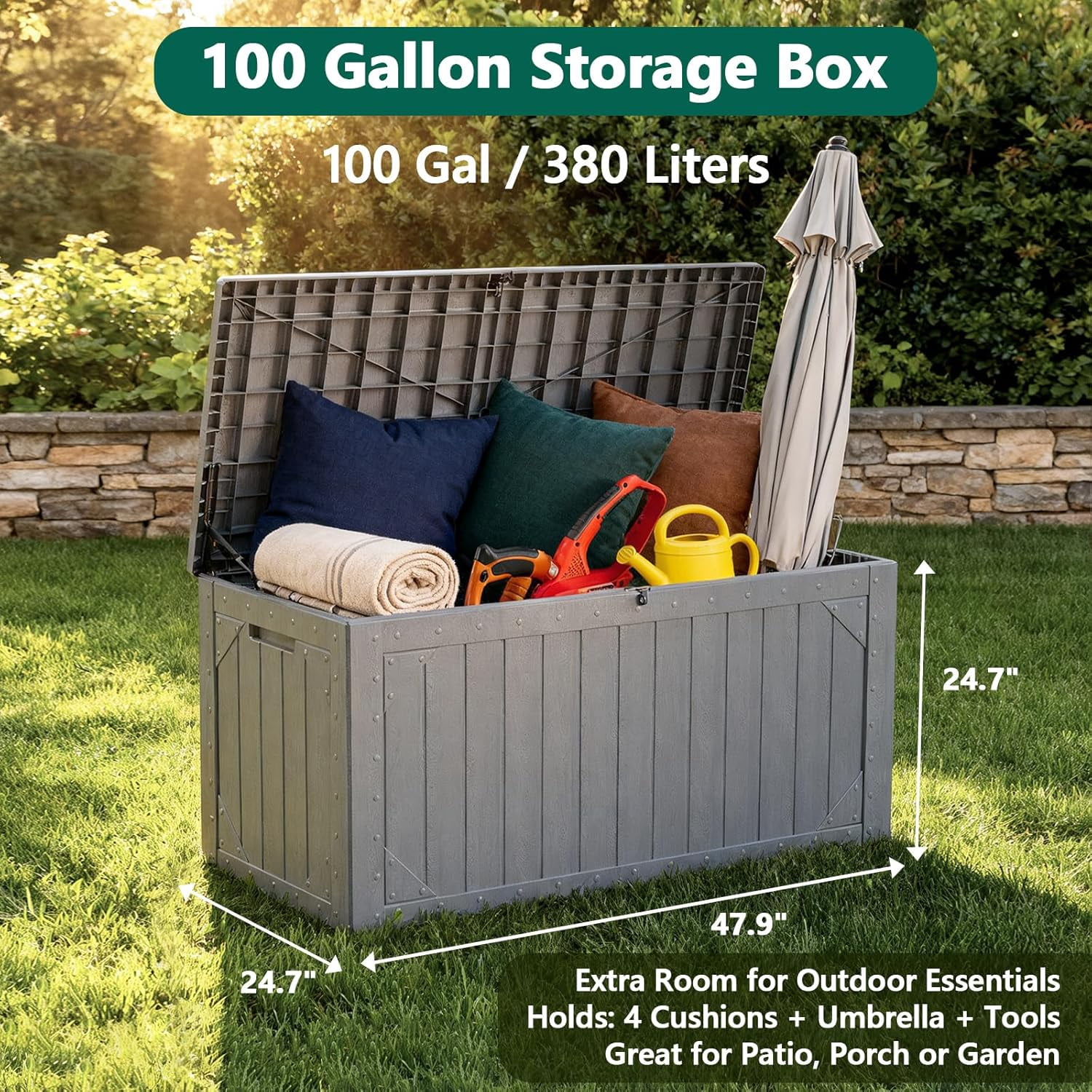 ToyKAKA 100 Gallon Outdoor Storage Box, Weather-Resistant Resin Deck Organizer for Patio Cushions and Garden Tools (Gray, 100 Gallon) mwgfz
