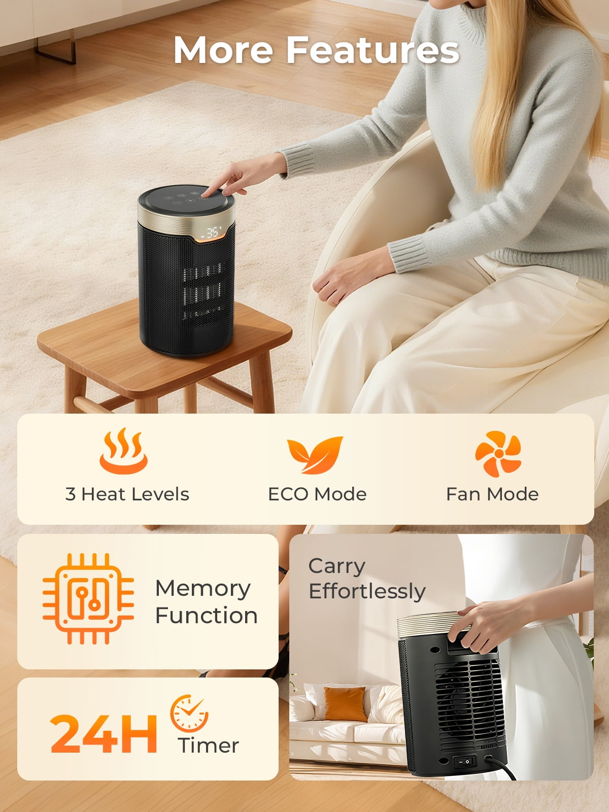 FOHERE Portable Electric Space Heater, Ceramic Indoor Heater with Digital Thermostat and Quiet Operation (Black, 1500W) q7f8x