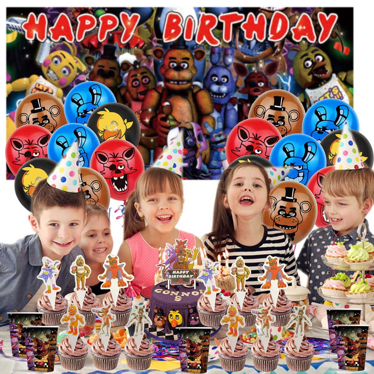 Jiaweribo Five Nights at Freddy's Birthday Party Supplies Set with Backdrop and Tableware (Multi-color, 1 Set) u0u91