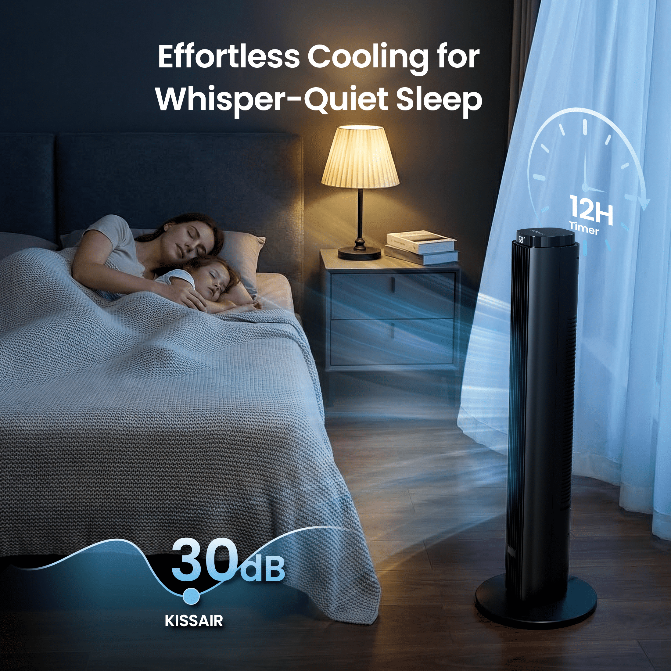KissAir 37 in Tower Fan with Remote, 6 Speeds, 90 Degree Oscillation, Quiet Bladeless Cooling for Home and Office (Black, 37 in) 28axd