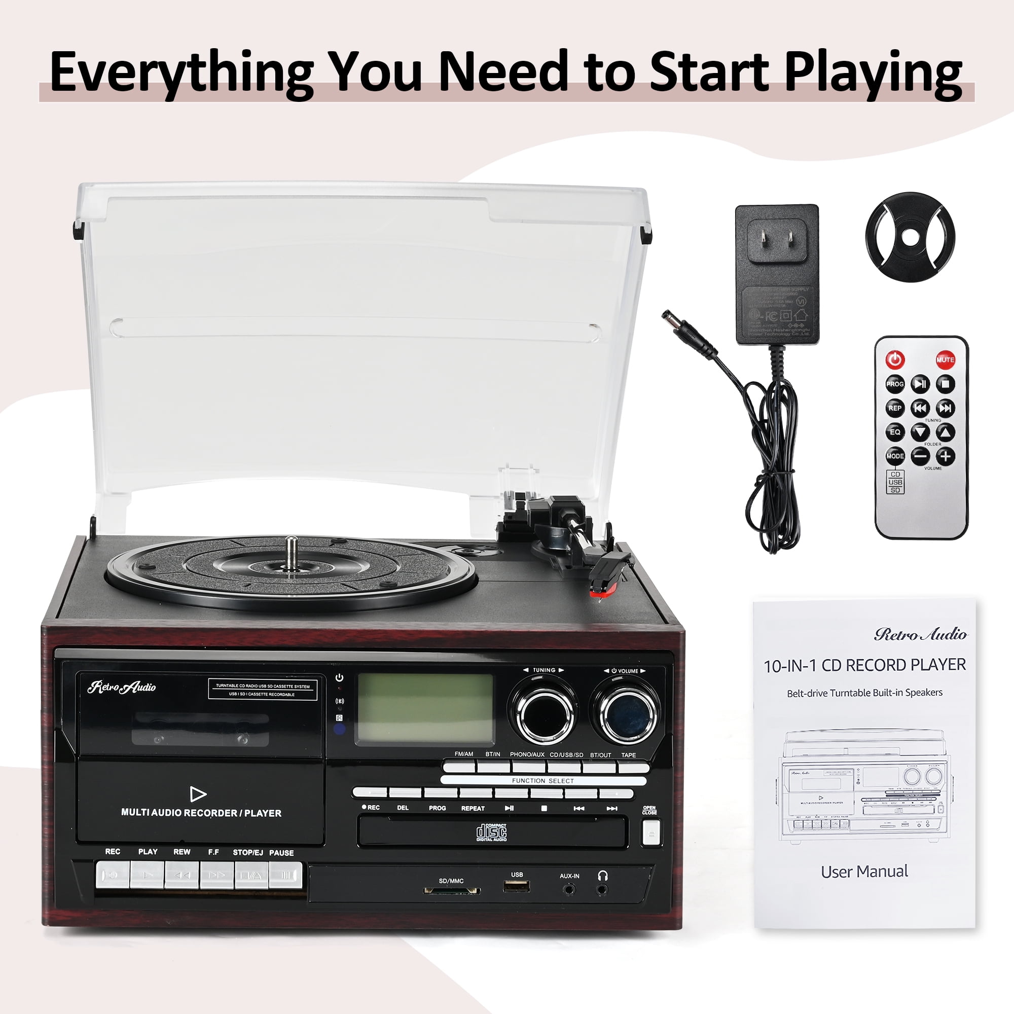 RetroAudio 10-in-1 Vintage Turntable System with Bluetooth, CD, Cassette, AM/FM Radio, and USB Recording (Red) 6i40e