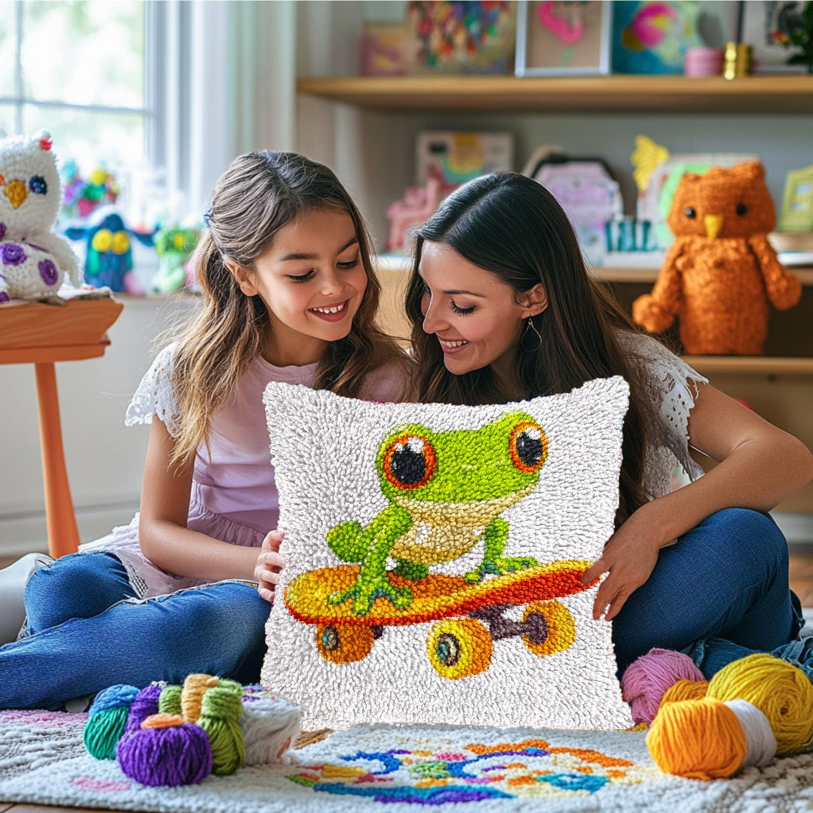 DIY Latch Hook Pillow Kit Cartoon Frog Skateboard Design Handmade Craft Set (17x17 in) 7i6rv