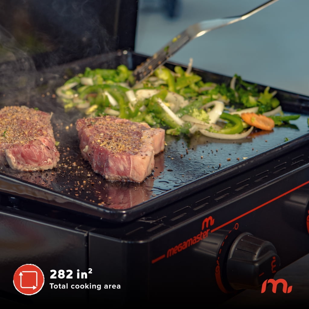 Megamaster 2-Burner Portable Gas Griddle with Built-In Lid, Outdoor Tabletop Propane Grill (Black, 282 sq in) onxqc