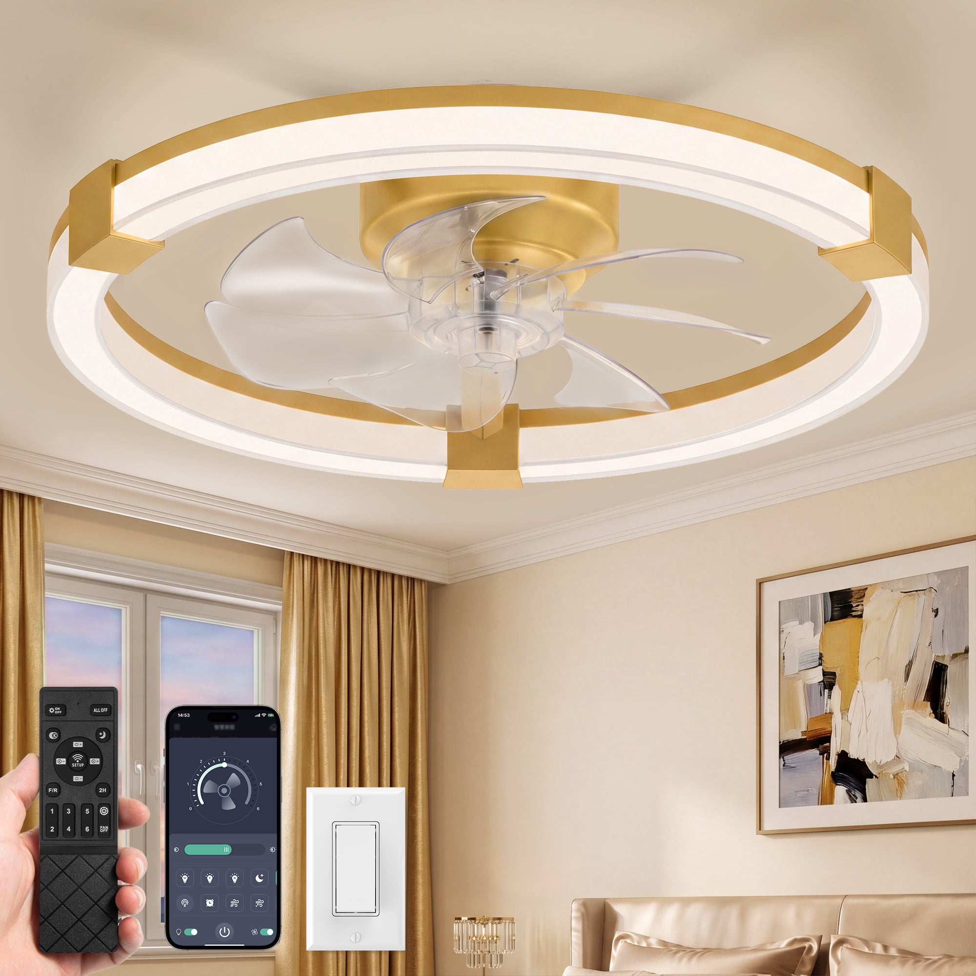 Lokivas 20in Low Profile Ceiling Fan with LED Lights and Remote Control (Gold, 20 in) 3c1p3