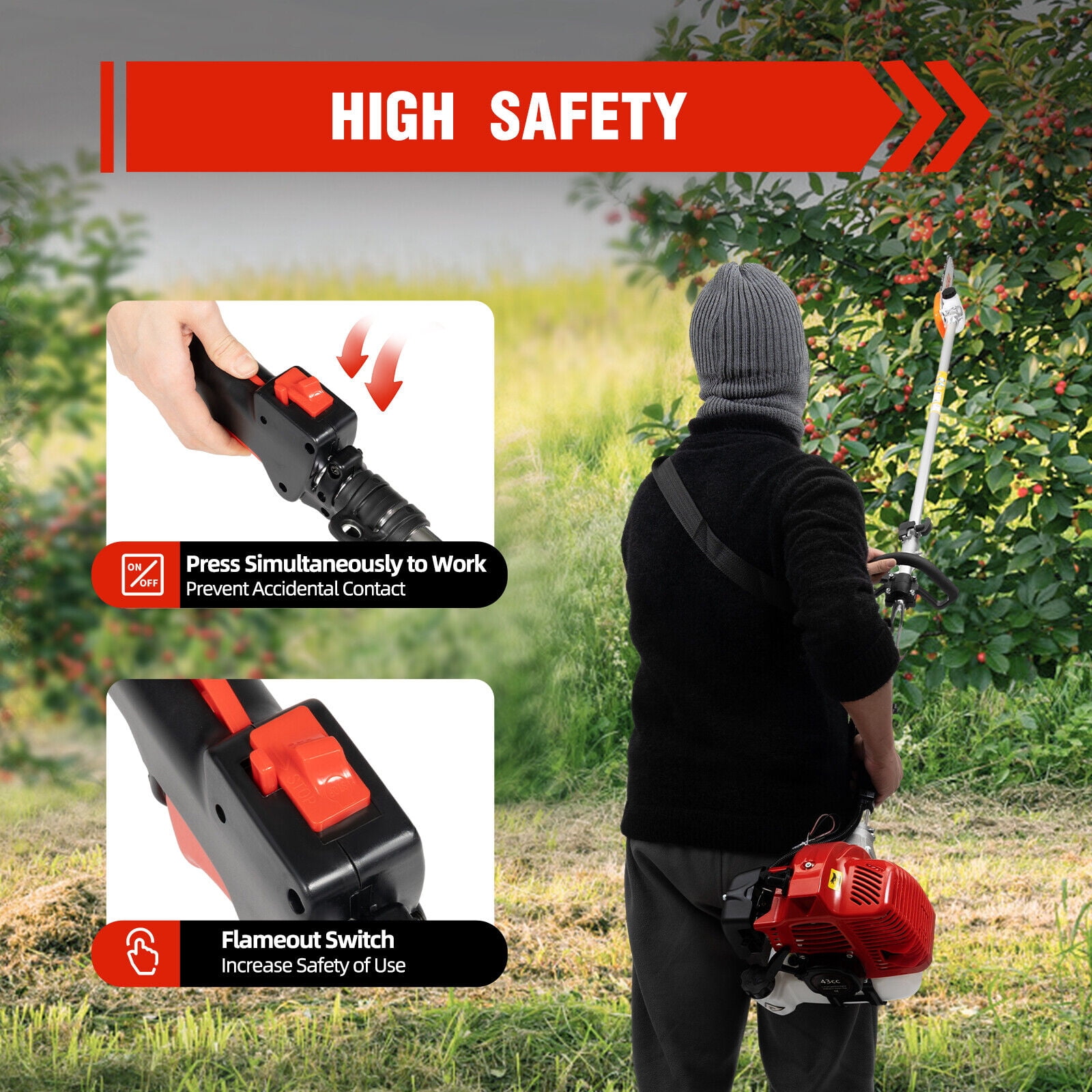 Miumaeov 2-Stroke Pole Chainsaw with Adjustable Handle and 12-in Guide Bar (Silver, 43cc Engine) 9rycl