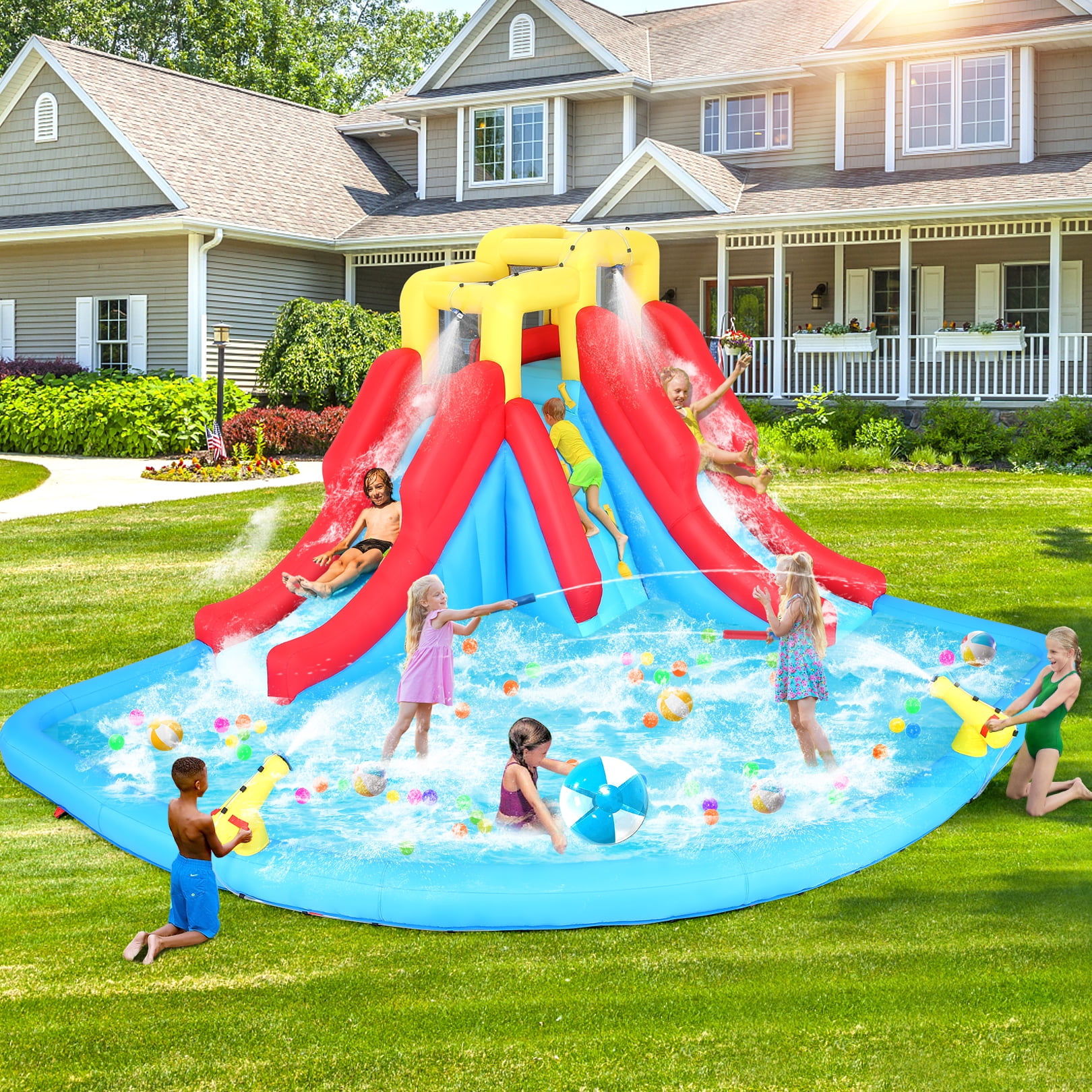 Veeboto Inflatable Water Slide Park with 440W Blower, Climbing Wall, Double Slides, and Splash Pool (Multicolor, 174 in x 152 in x 90 in) eocpf