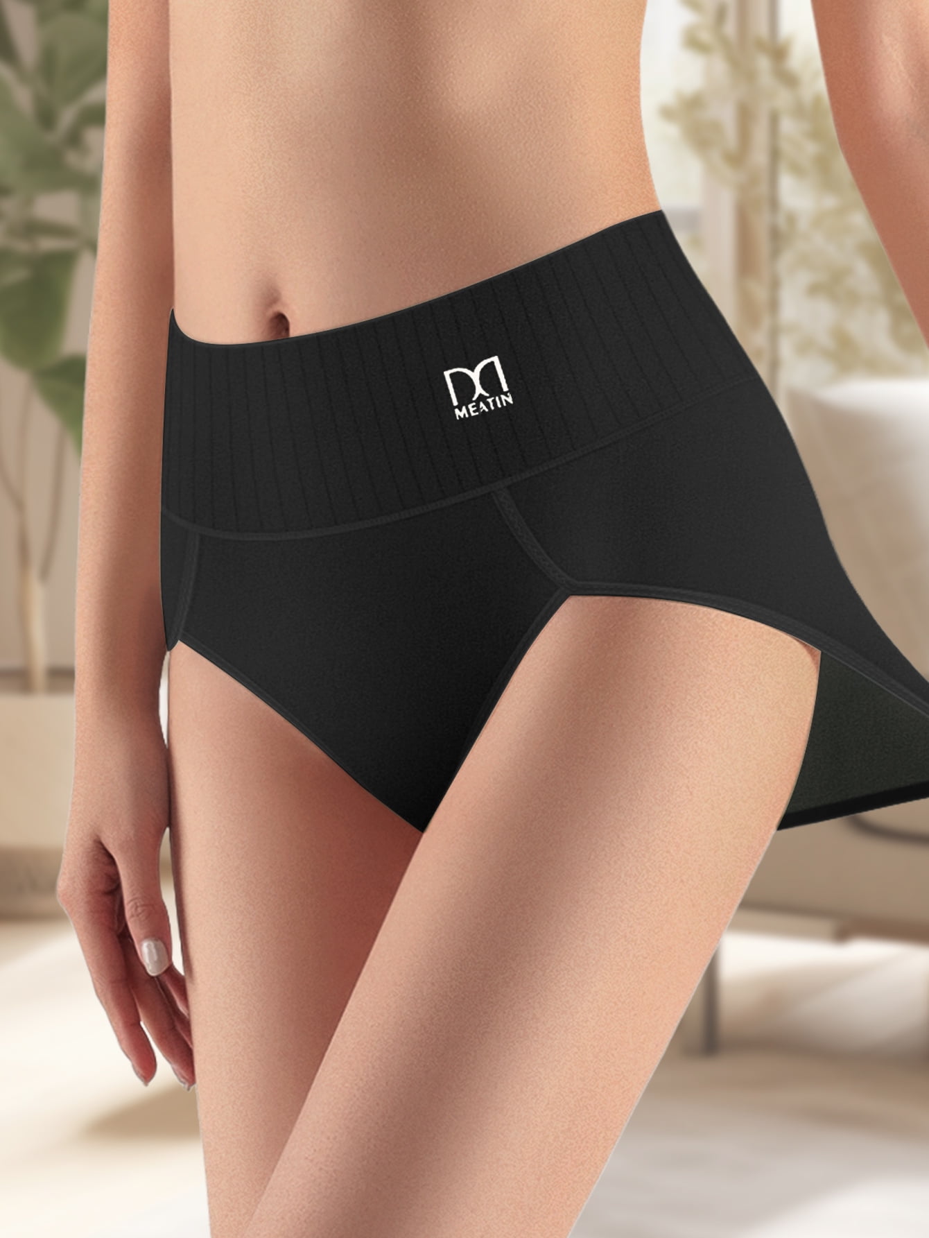 MEIYATING Women's High-Waist Briefs, Comfortable Soft Striped Underwear (Black, 5-Pack) 3uot5