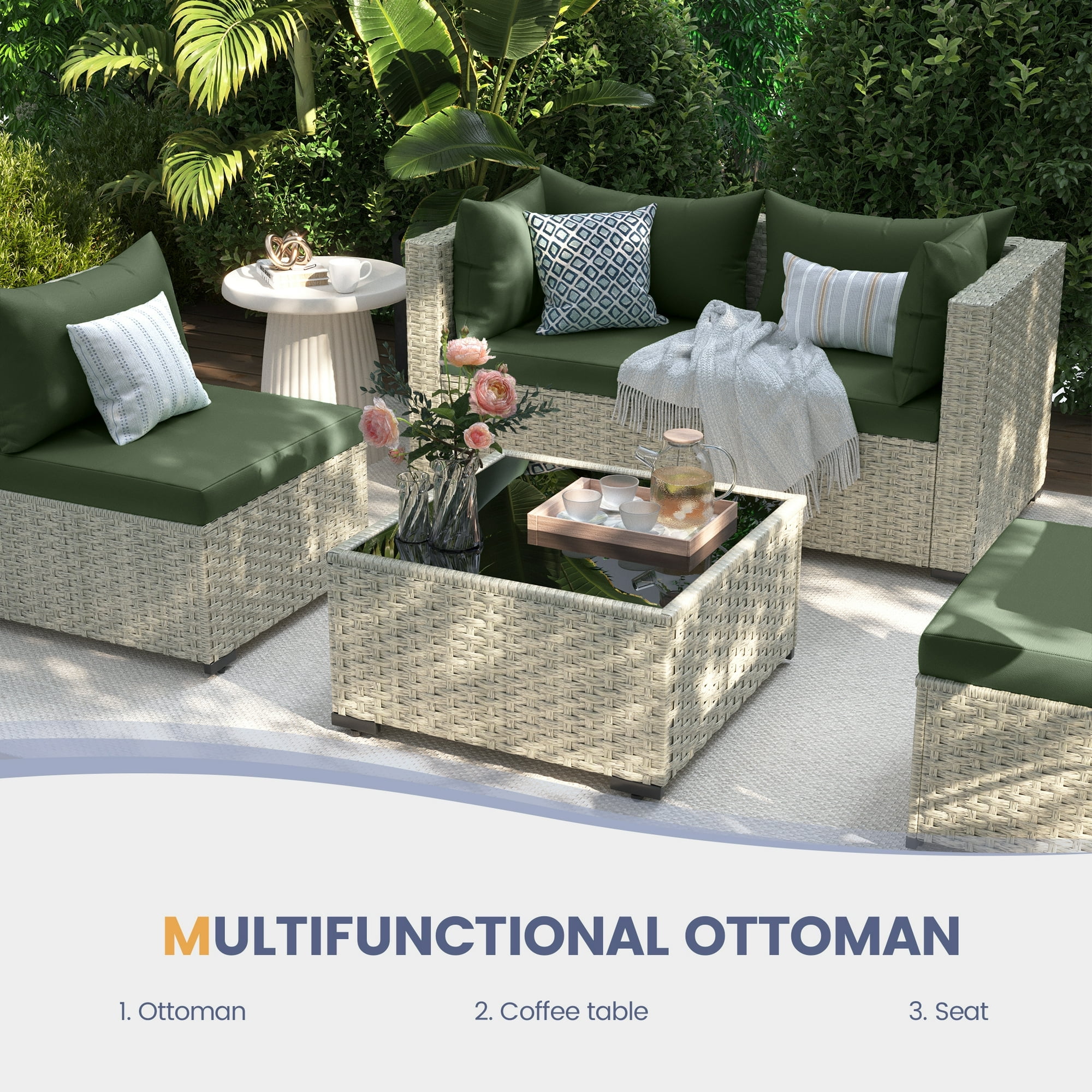 UDPATIO Modular Rattan Outdoor Patio Furniture Set, Weather-Resistant Wicker Sectional Sofa with Cushions (Green, 5-Piece Set) 1kutj