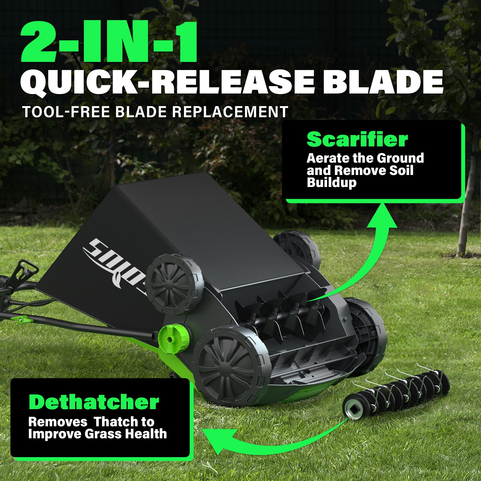 SOYUS 15-Inch 13-Amp Electric Dethatcher and Scarifier with Collection Bag (Green, 11.89 gal) aipw8