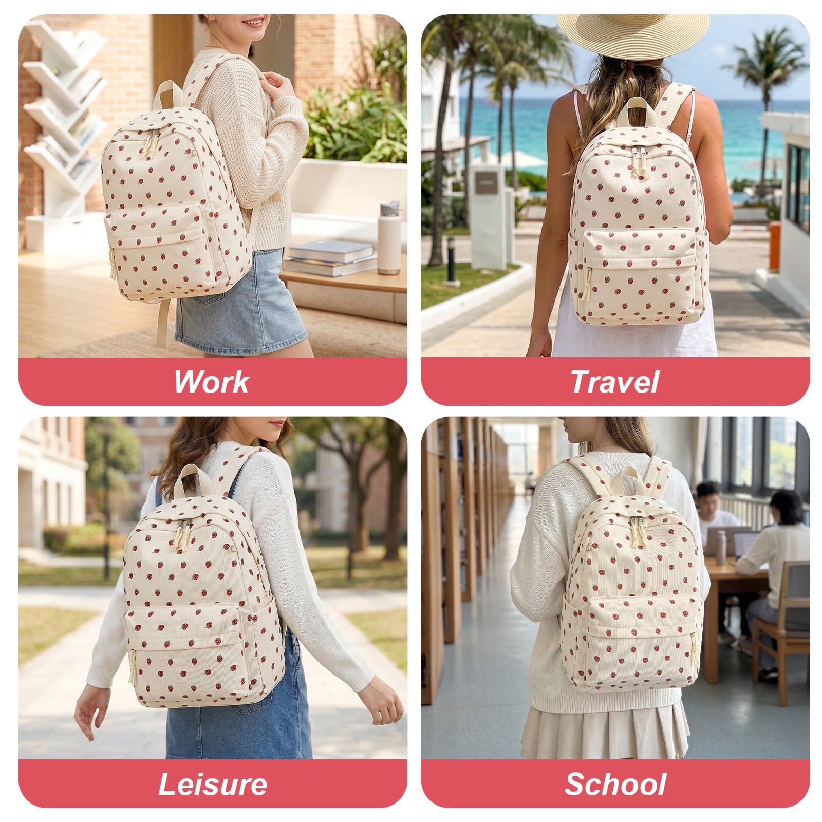 DAKIMOE School Backpack for Girls, Lightweight Large Capacity Bookbag for Teens (Beige Strawberry, 13 in x 6 in x 17 in) 31kgd