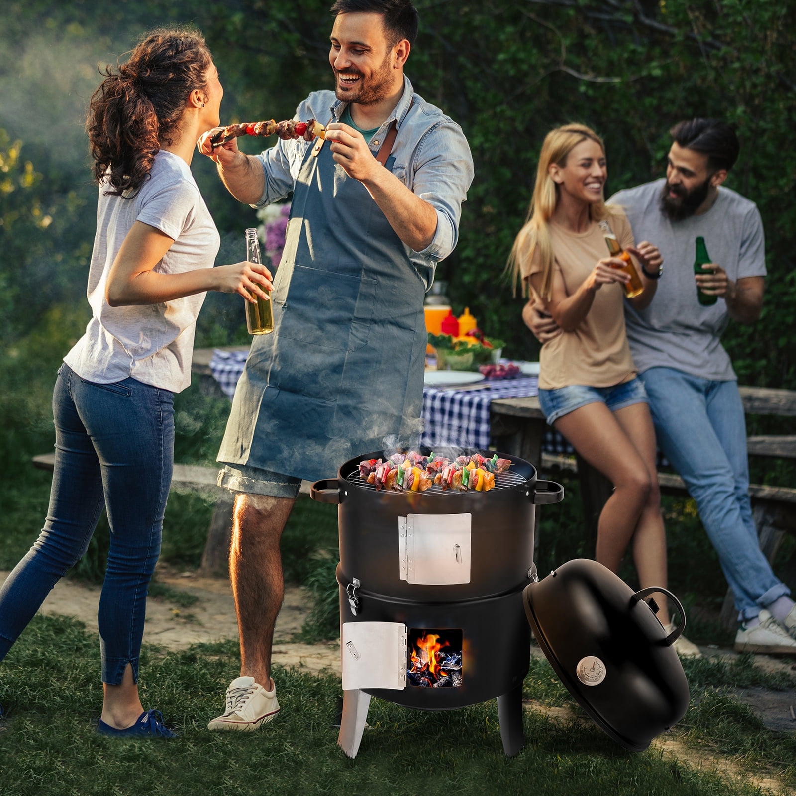 Segmart Vertical Charcoal Smoker and Grill, Heavy-Duty Outdoor BBQ with Built-in Thermometer (Black, 18.5 in) y5e5p