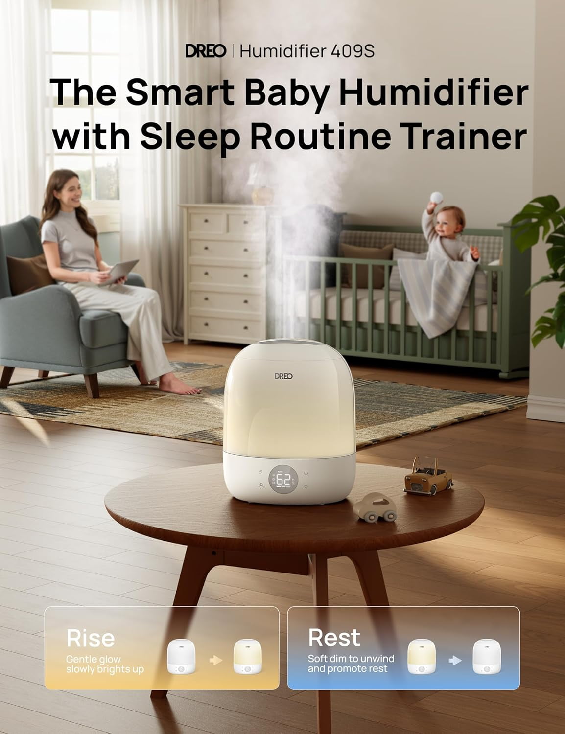 DREO Smart Cool Mist Humidifier for Bedroom and Nursery, Ultra Quiet Ultrasonic Air Humidifier with App Control and RGB Night Light (White, 0.79 gal) wb3av