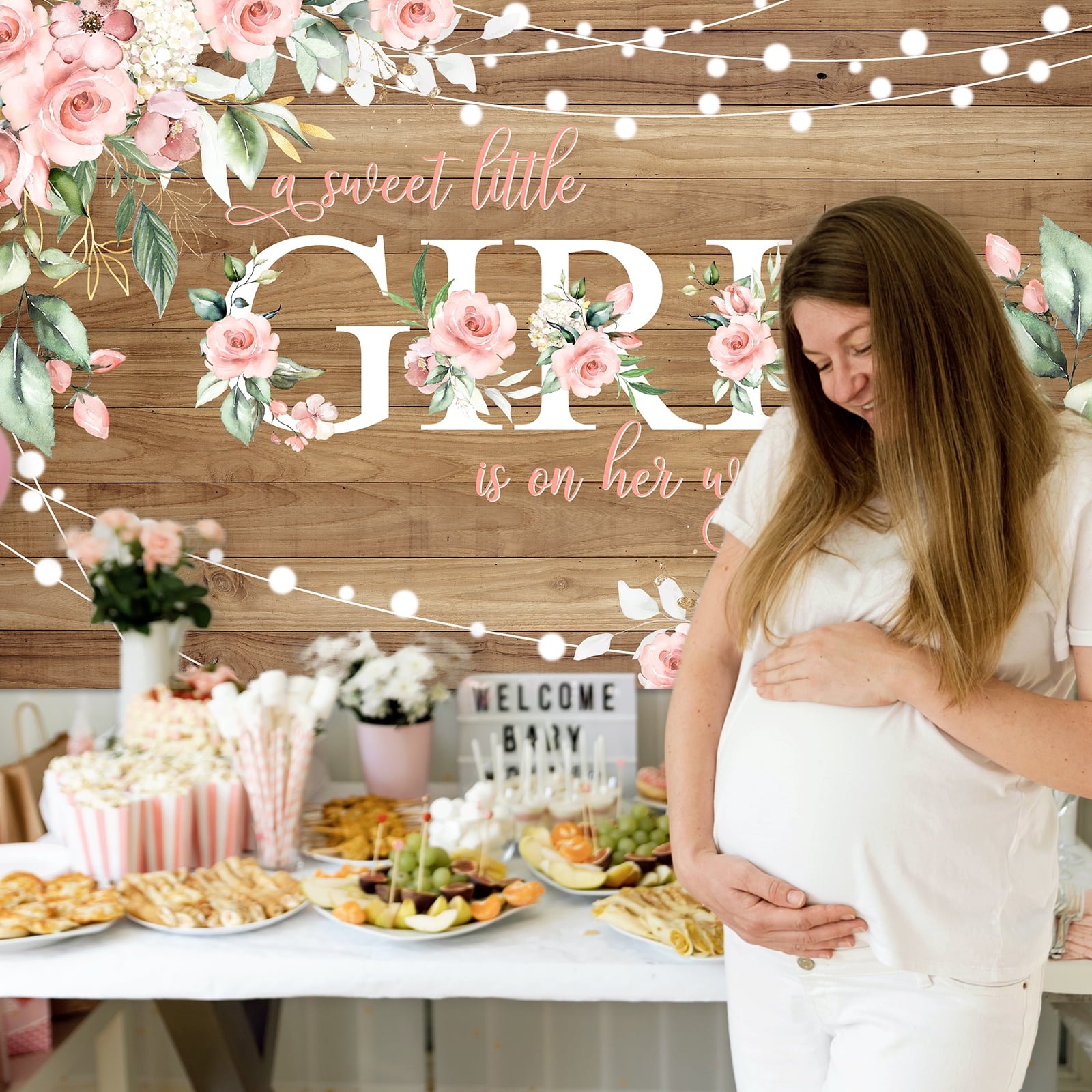 Mocsicka Rustic Baby Shower Backdrop Pink Flower Floral Banner for Girl (Pink, 71 in x 43 in) uzwto