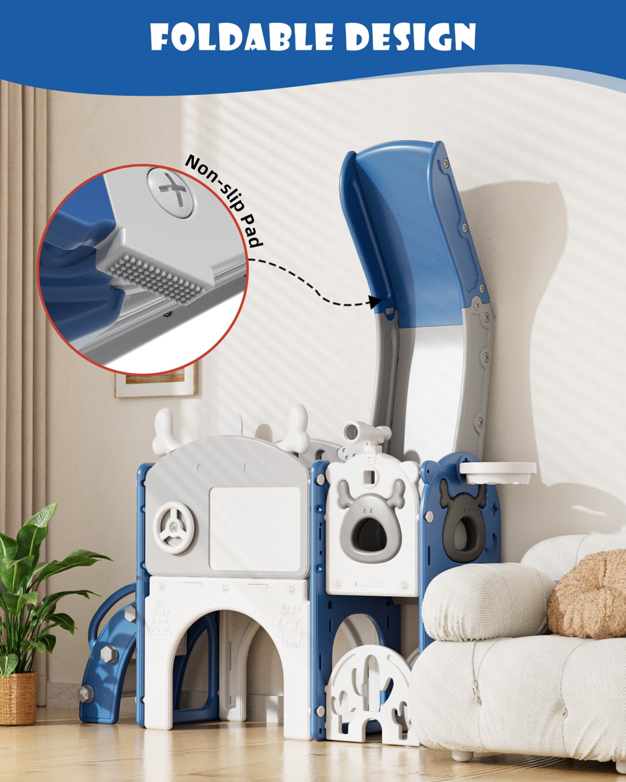 Korimefa 11-in-1 Toddler Climber and Slide Playset with Basketball Hoop and Golf Set (Blue, 62.6 x 62.6 x 39 in) ehwmm