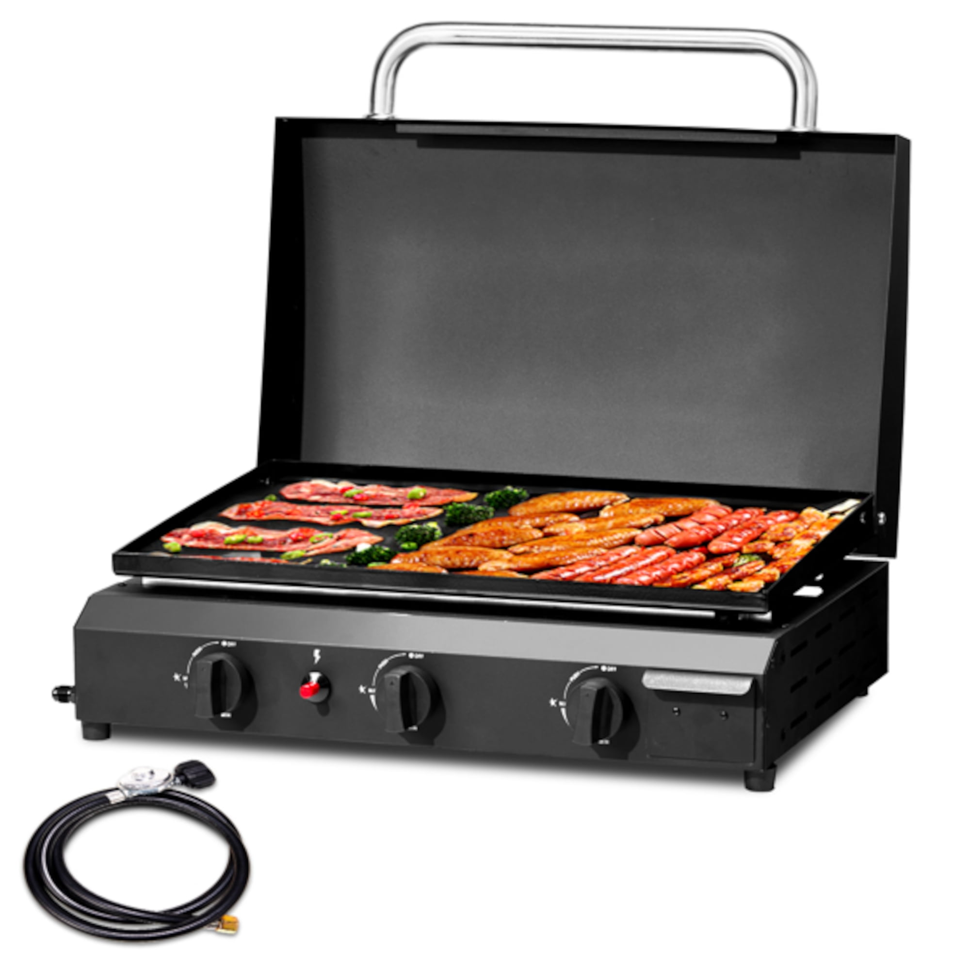 Alvantor 3-Burner Propane Gas Griddle, Outdoor Flat Top Grill with Ceramic Coated Cast Iron Pan (Black, 25.8 x 21.3 in) vc4hu