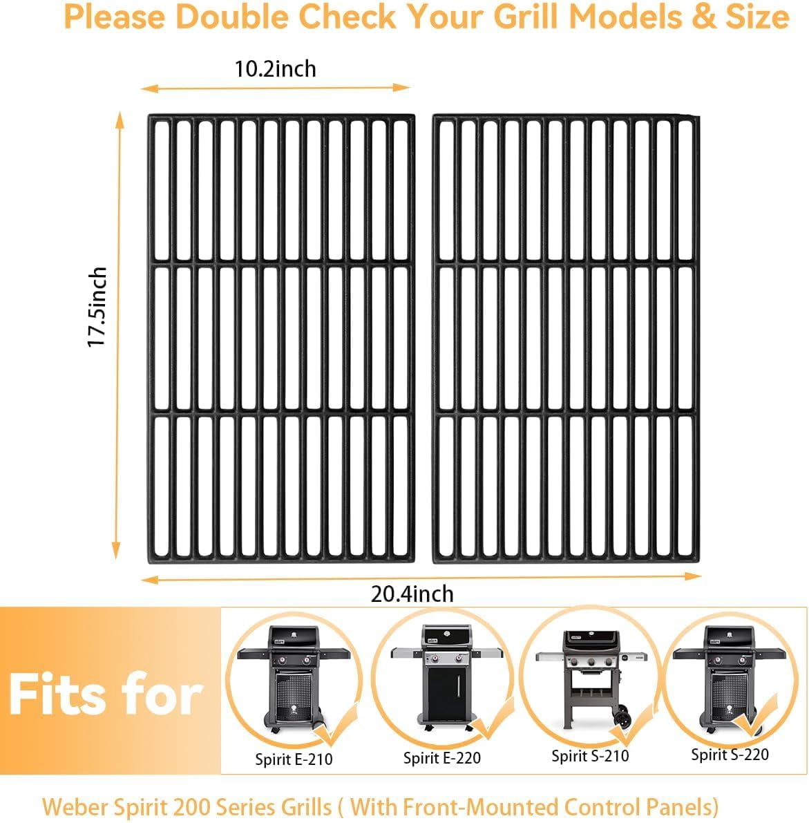 Weber Spirit 200 Series Replacement Grill Grates Heavy-Duty Cast Iron (17.5 in x 20.4 in, 2-Pack) pw6el