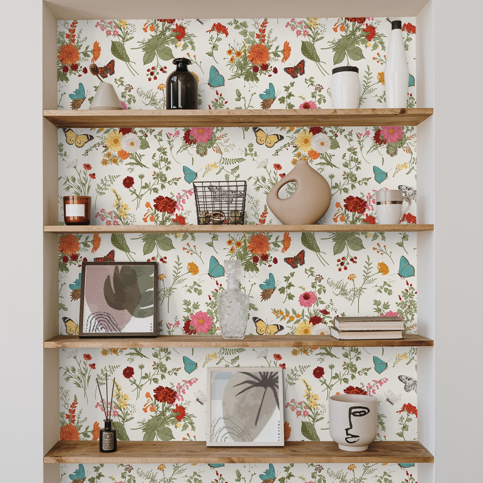 VEELIKE Floral Peel and Stick Wallpaper Vintage Butterflies Marigolds Self-Adhesive Contact Paper for Home Decor (Multi-color, 17.7 in x 118 in) 9ccgs