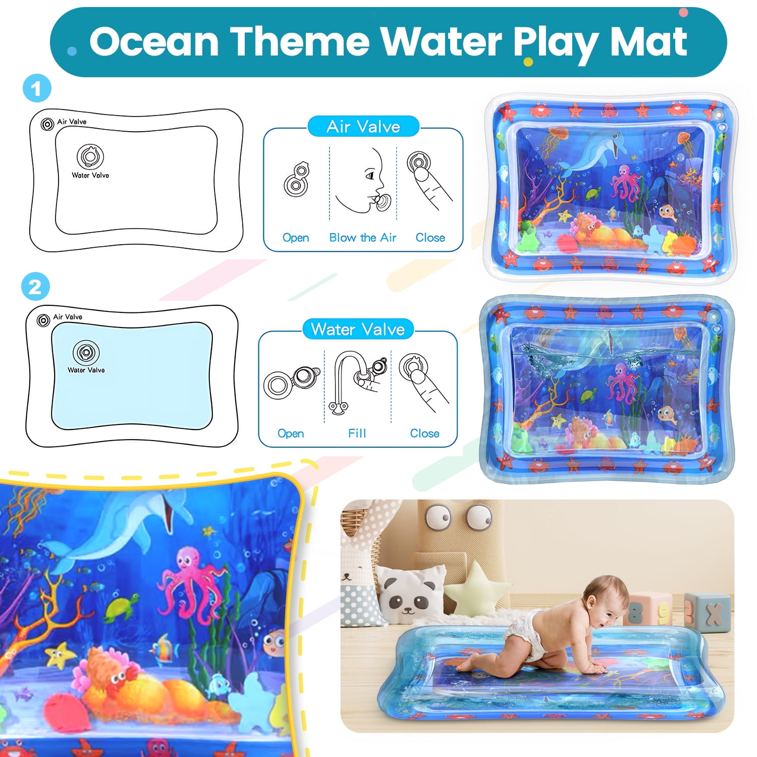 WonderStone 2-in-1 Baby Gym Playmat and Tummy Time Water Mat with Sensory Toys and Musical Piano (Blue, 27.5 x 20 in) 08zyo