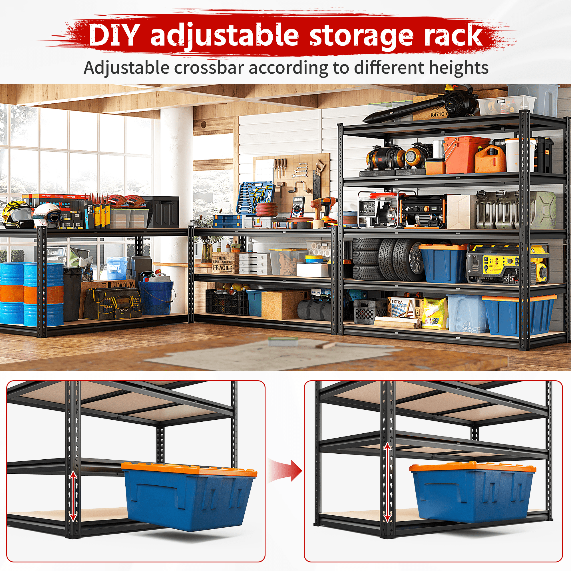 REIBII Heavy Duty Garage Storage Shelving Unit, Adjustable 5-Tier Industrial Metal Rack (Black, 48 in W x 24 in D x 72 in H) jfz5i