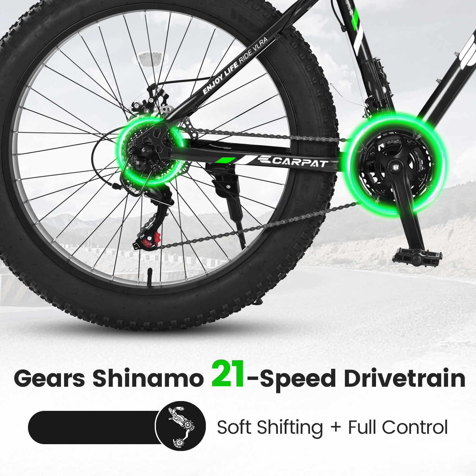 Track 7 26-Inch Fat Tire Mountain Bike, High-Carbon Steel Frame, 21-Speed Shimano Drivetrain, Dual Disc Brakes (Black, 26 in) n7qmk