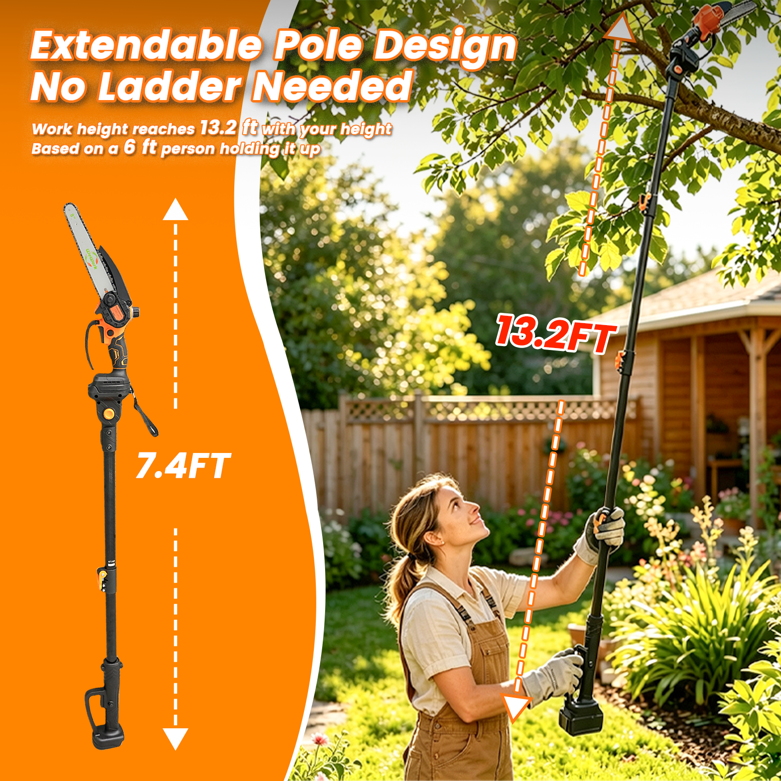 Gewol 2-in-1 Cordless Pole Saw, Electric Chainsaw for Tree Trimming, Telescopic Reach (8 in Bar, 13.2 ft Max Reach) h7mmg
