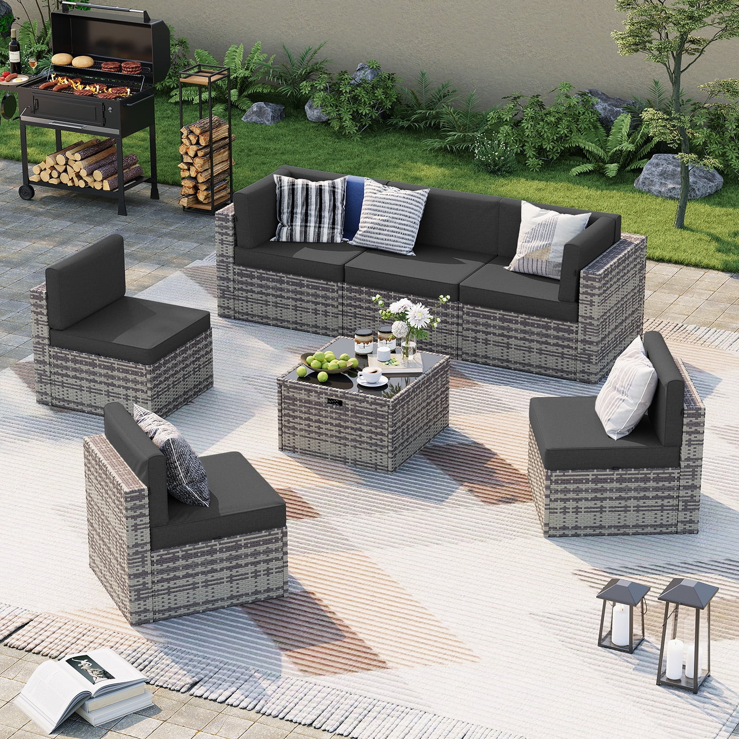 BaPiPro 7-Piece Outdoor Patio Furniture Set, Wicker Rattan Sectional Sofa with Coffee Table (Gray, 7-Piece Set) pti8t
