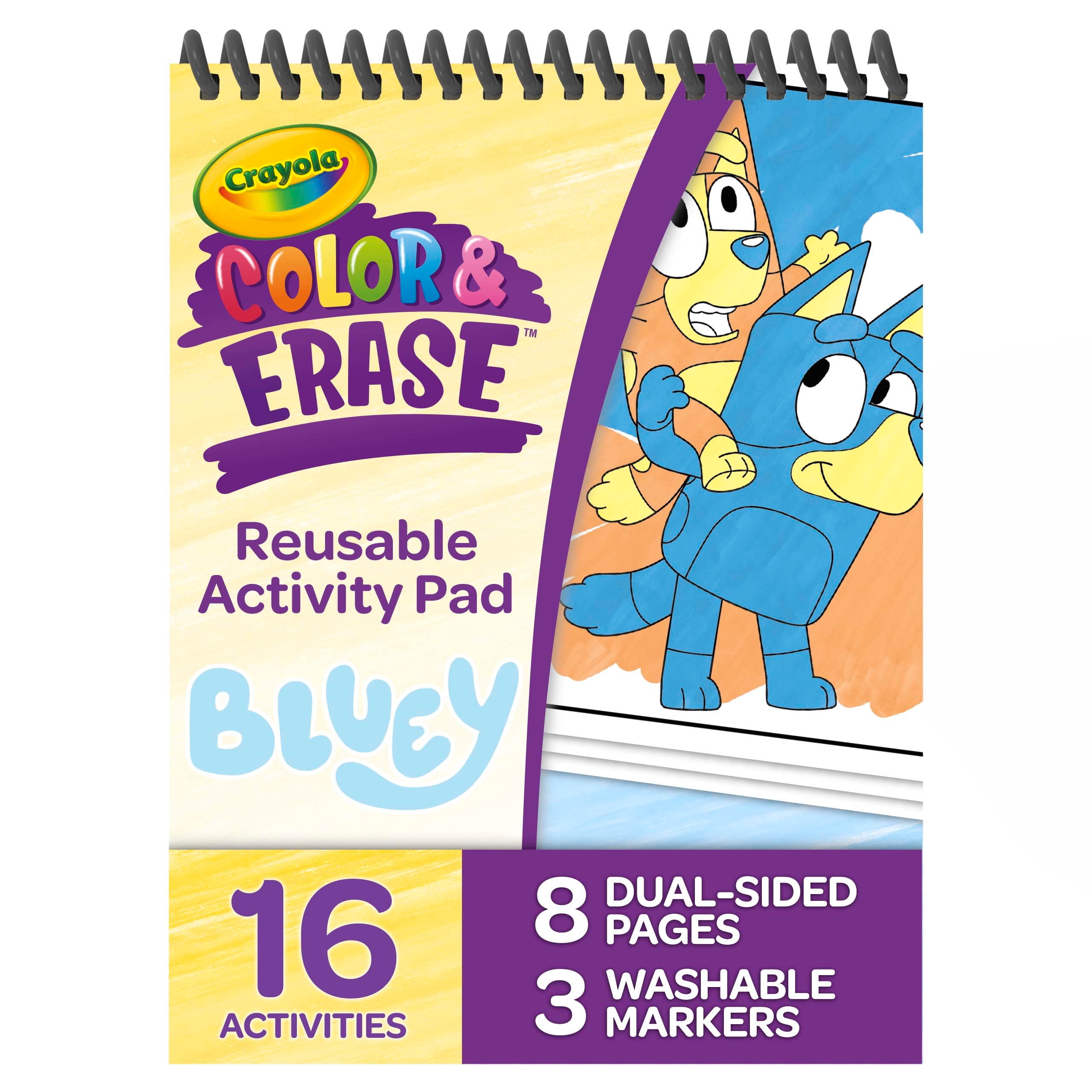 Crayola Bluey Color and Erase Reusable Activity Pad (Multicolor, 8 Pages with 3 Washable Markers) p5yzz