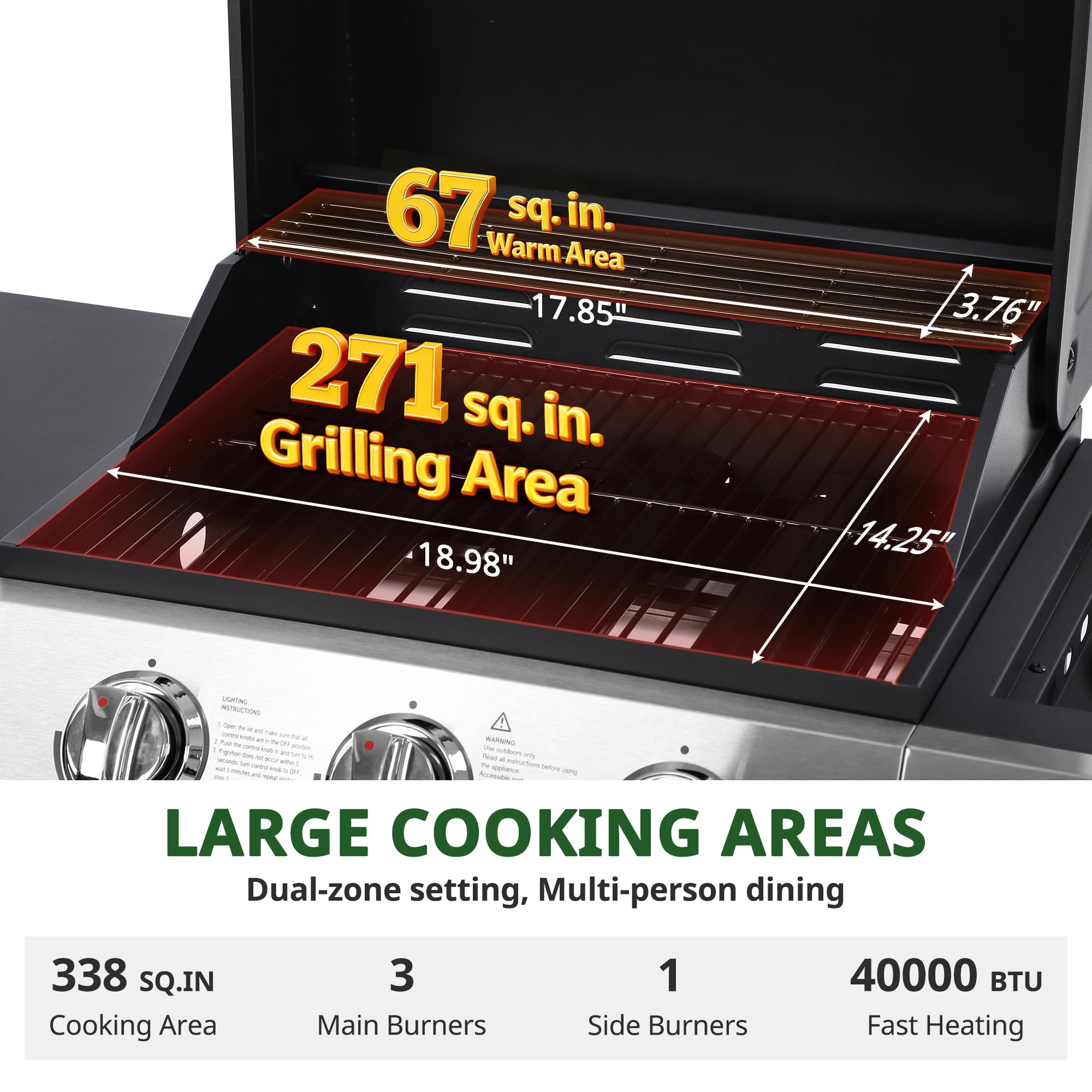 Seizeen 3-Burner Propane Gas Grill with Side Burner and Storage Cabinet (Black, 40,000 BTU) eqsts
