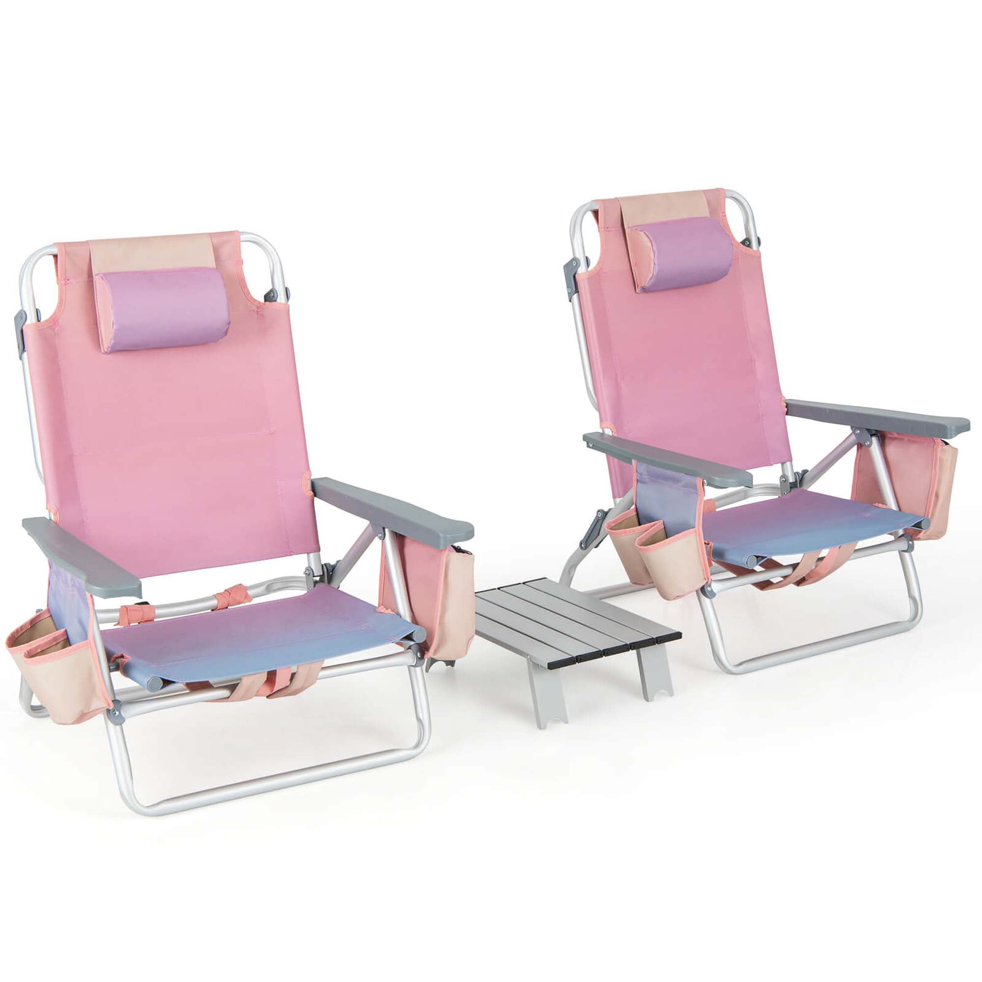 Costway 2-Pack Folding Backpack Beach Chair and Table Set with 5-Position Reclining (Pink) yajnw