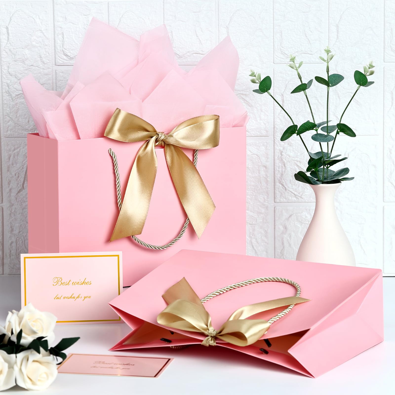 AUCLAY Large Gift Bags with Handles and Tissue Paper for Birthday Wedding Party (Pink, 3 Pack, 12.6 in) b3kws