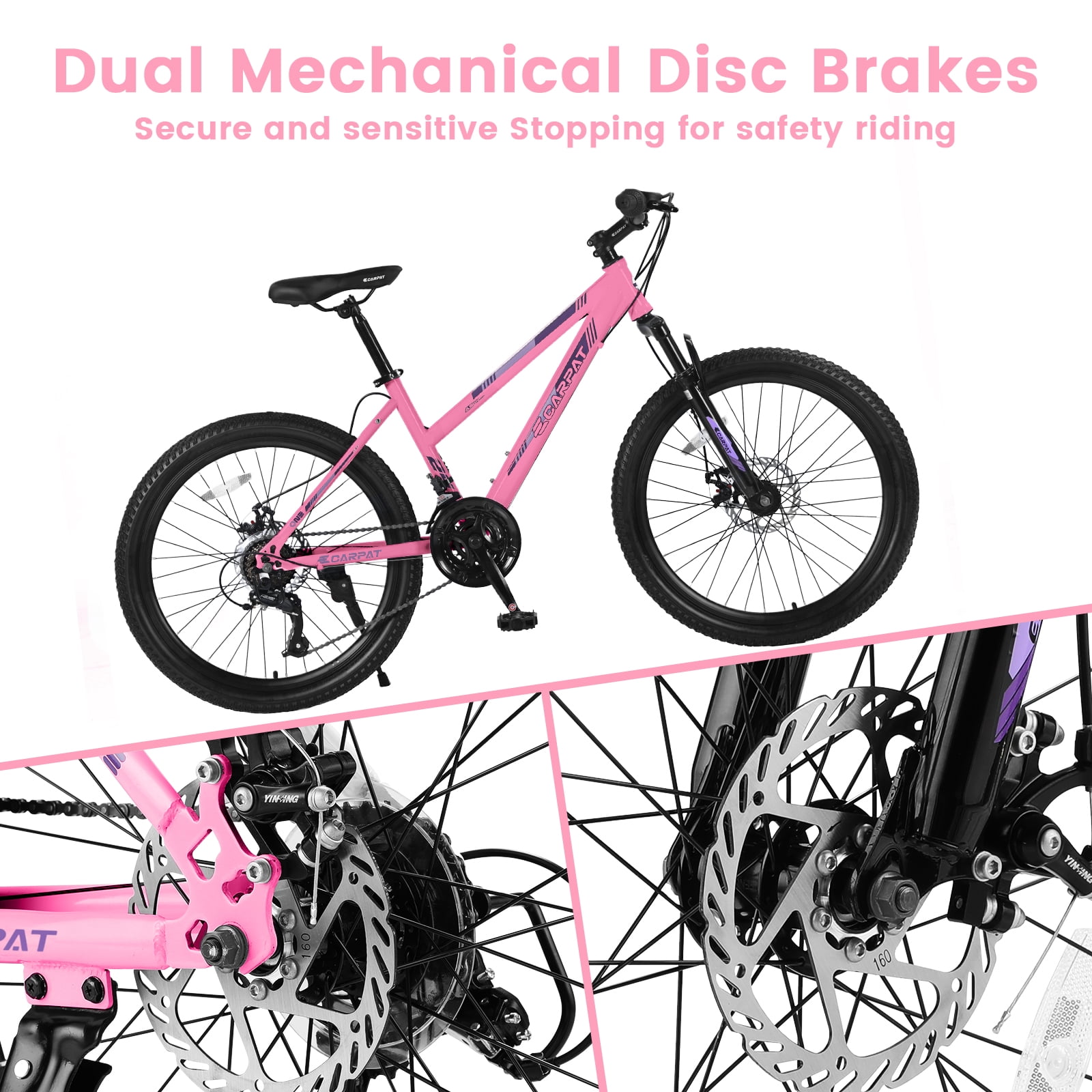 Ecarpat 26 Inch Mountain Bike, 21-Speed Trail Commuter Bicycle with Dual Disc Brakes (Pink, 26 in) 96k4h